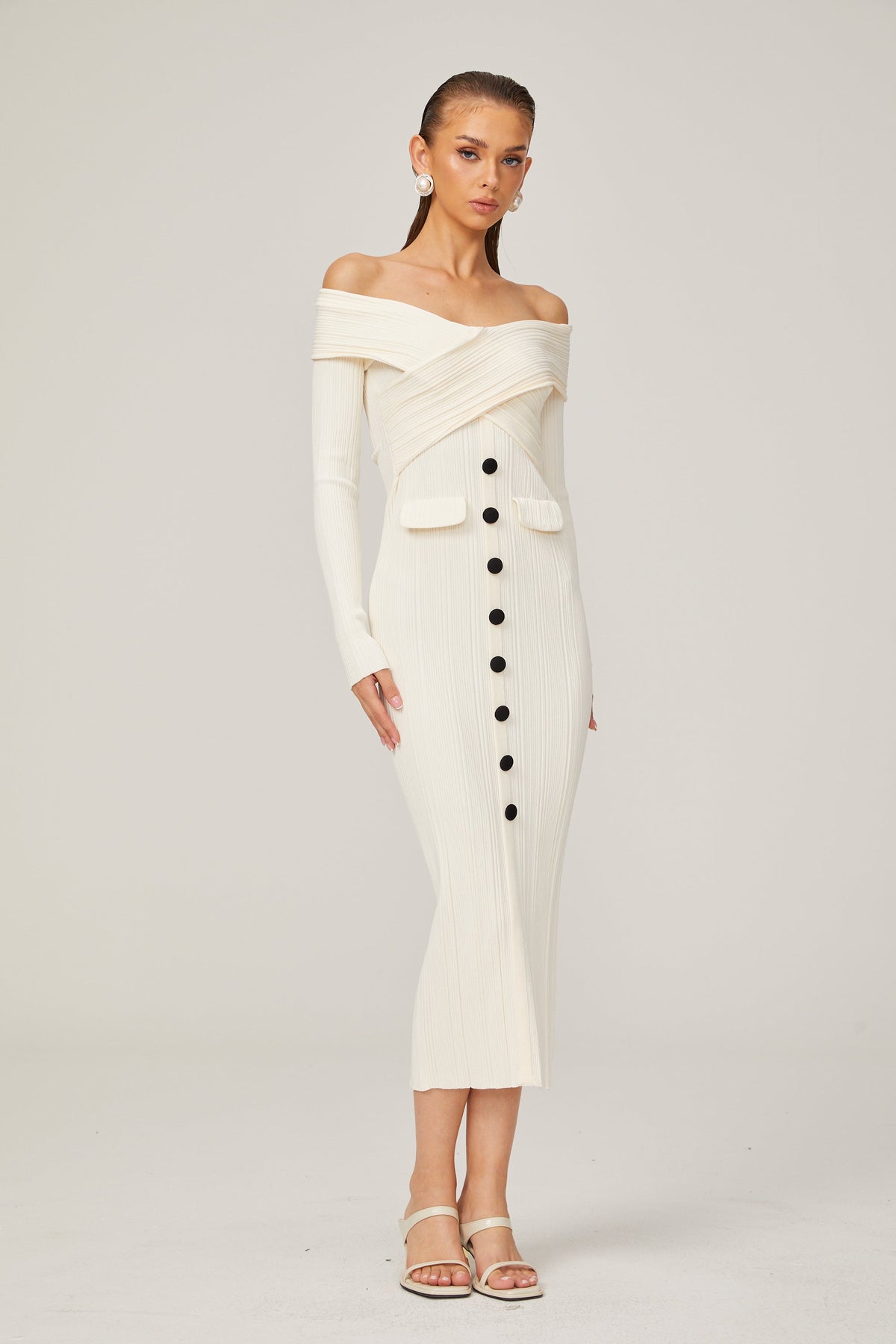 Karine white off-shoulder rib-knit midi dress