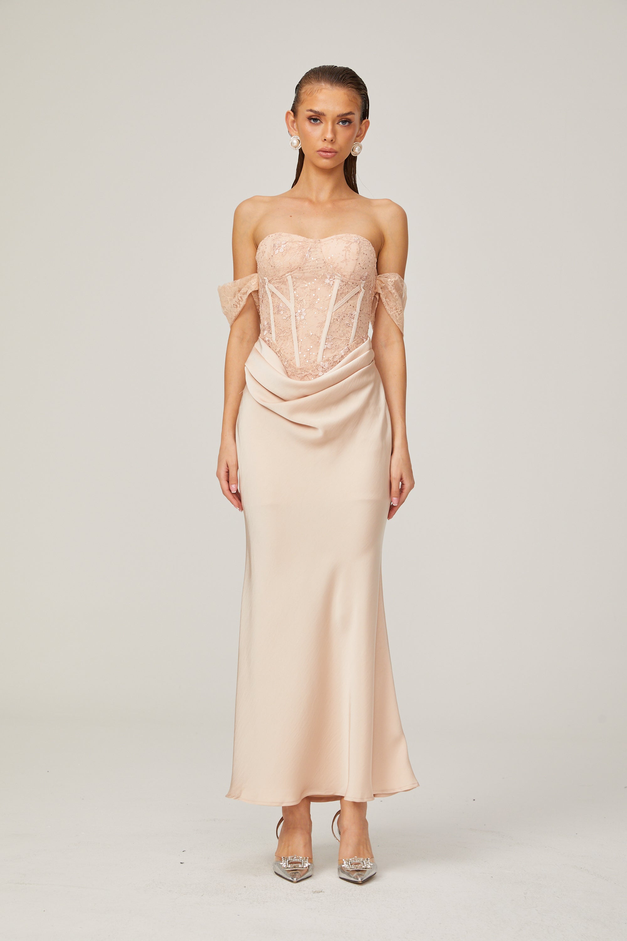 Ariane pink lace-panel draped midi dress