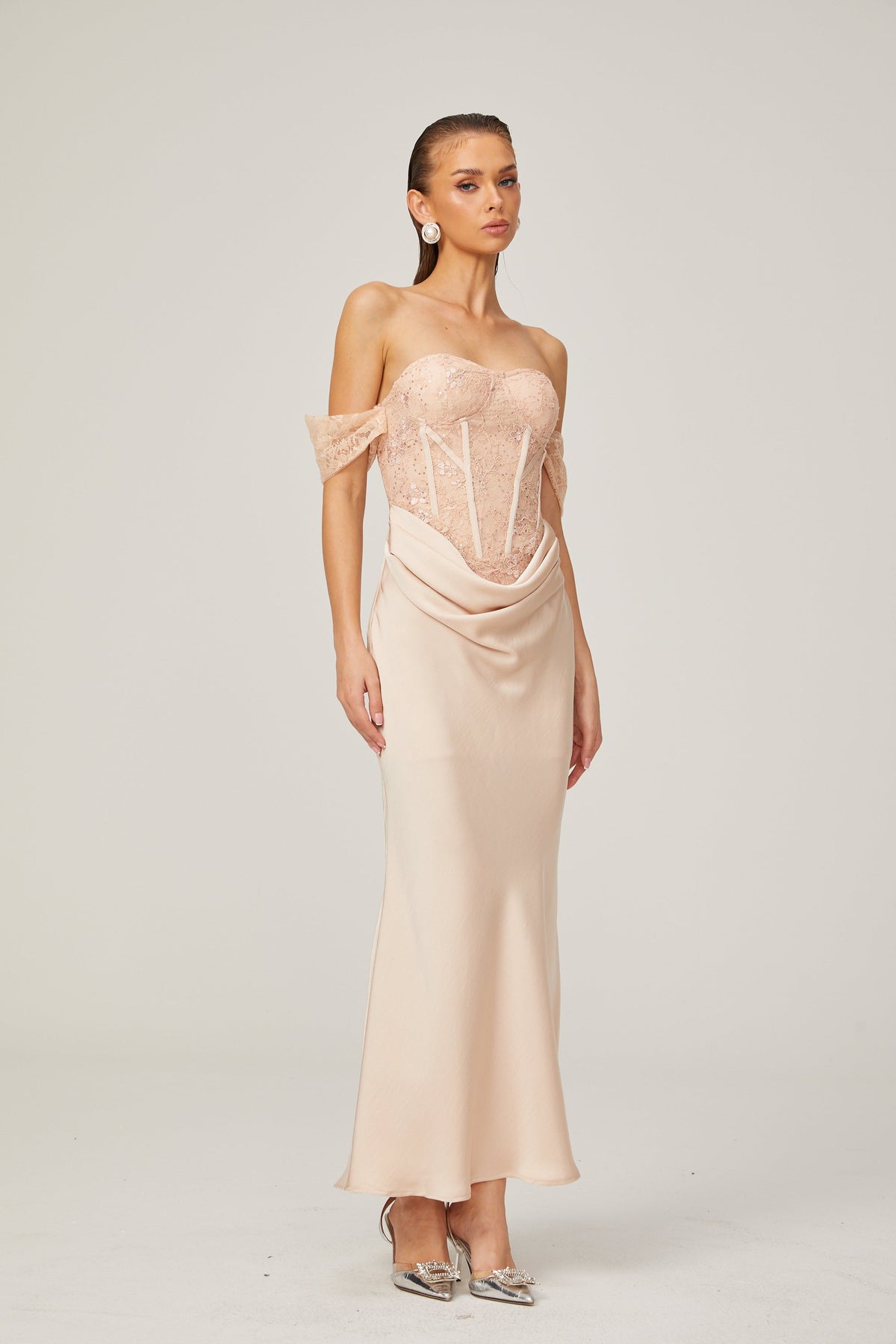 Ariane pink lace-panel draped midi dress