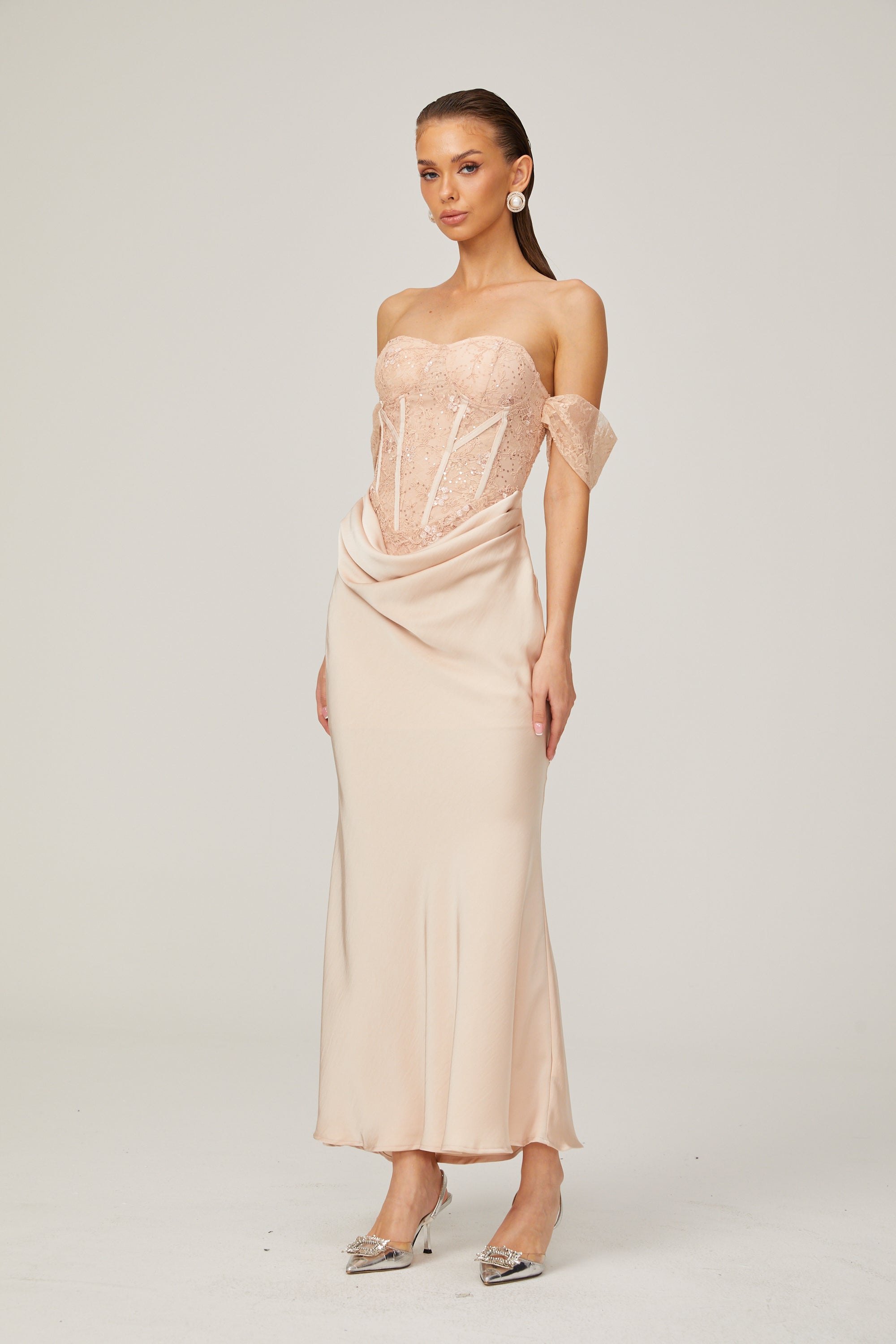 Ariane pink lace-panel draped midi dress