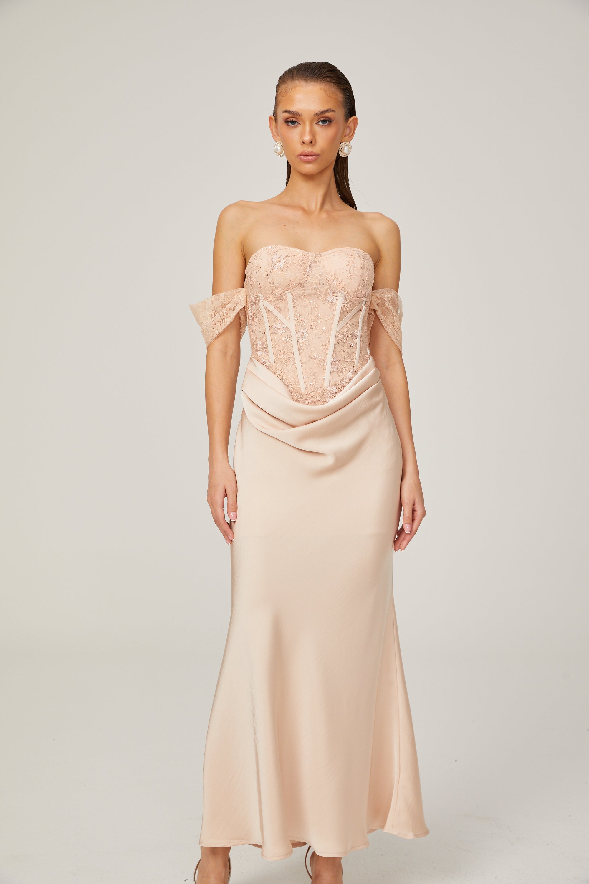 Ariane pink lace-panel draped midi dress