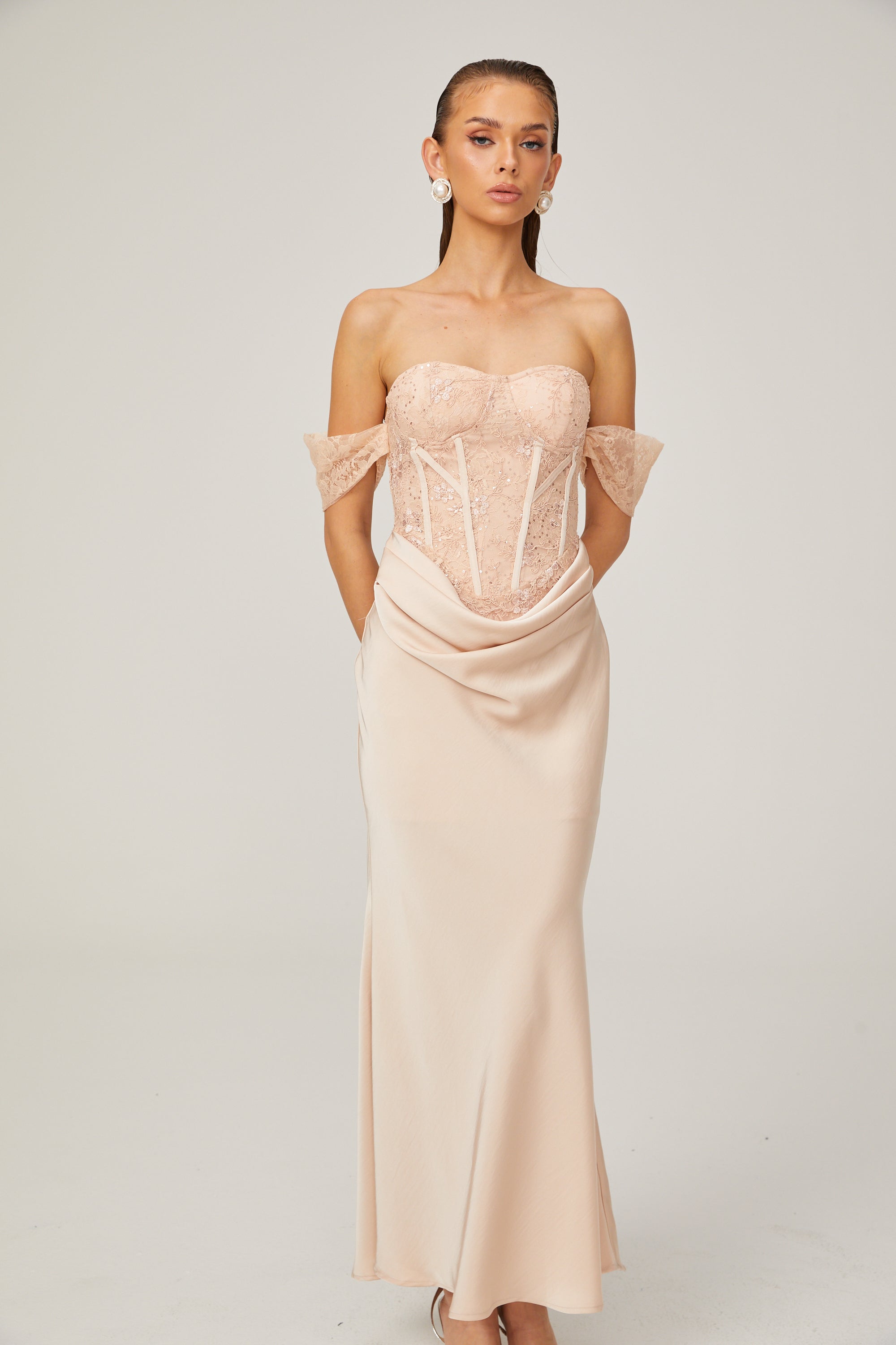 Ariane pink lace-panel draped midi dress