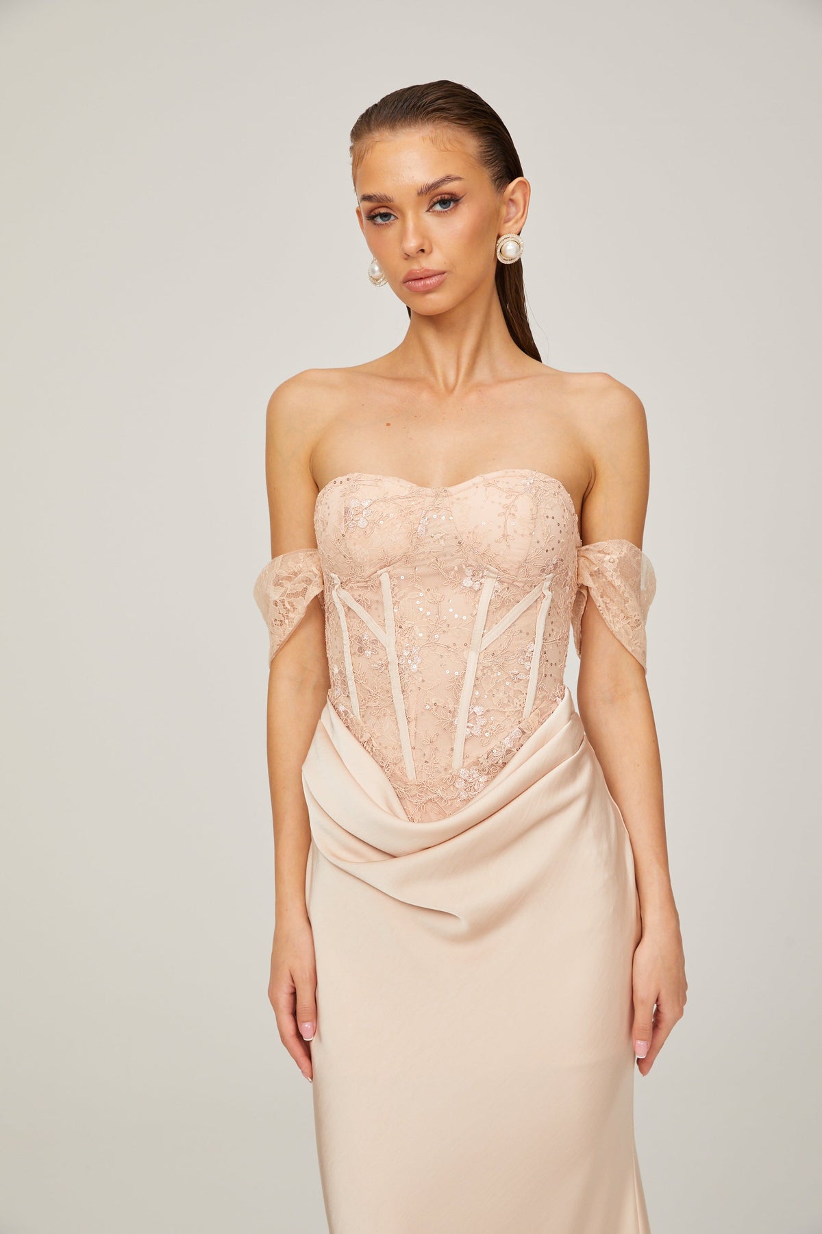 Ariane pink lace-panel draped midi dress
