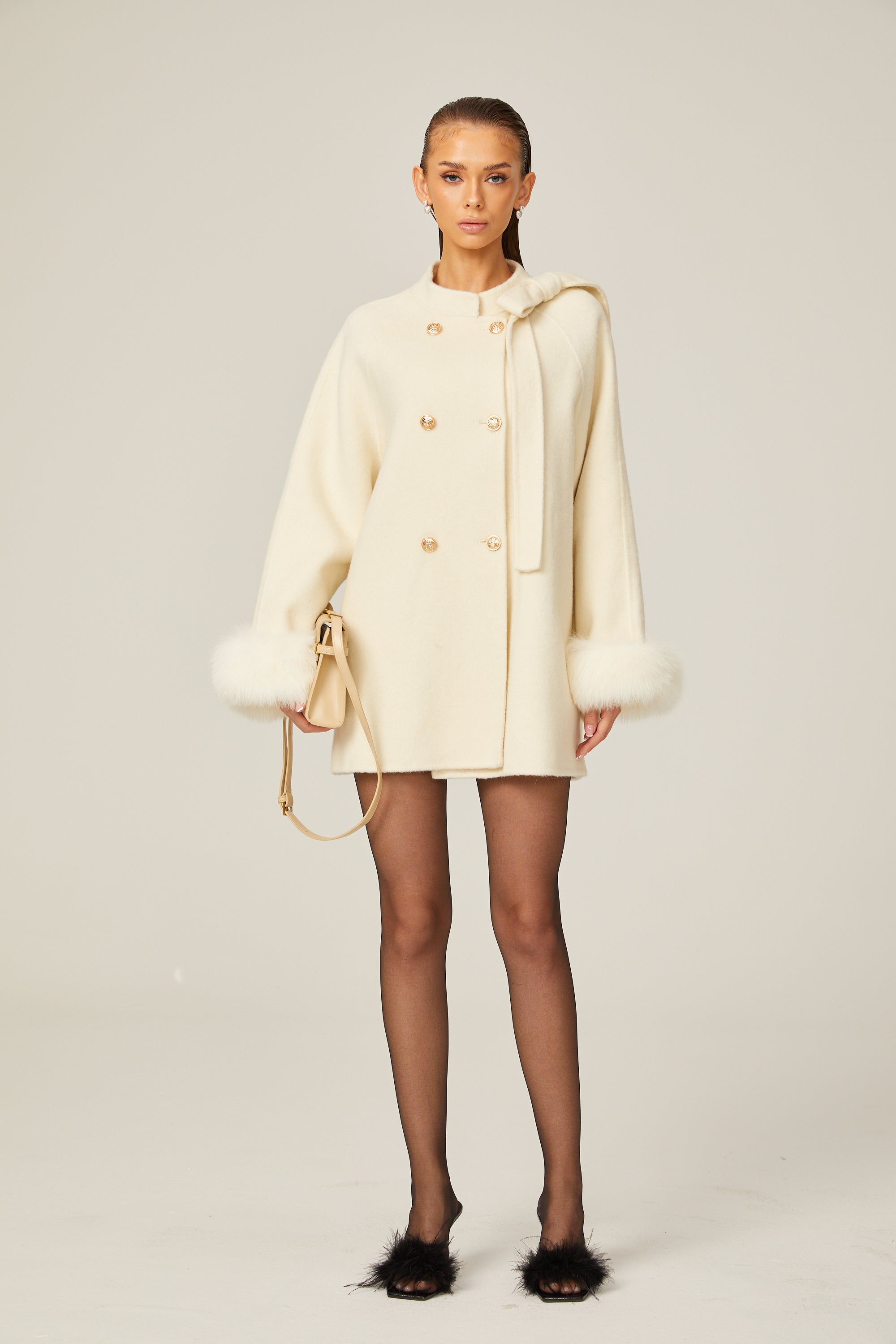 Colette white wool fur bowknot coat (Final Sale)