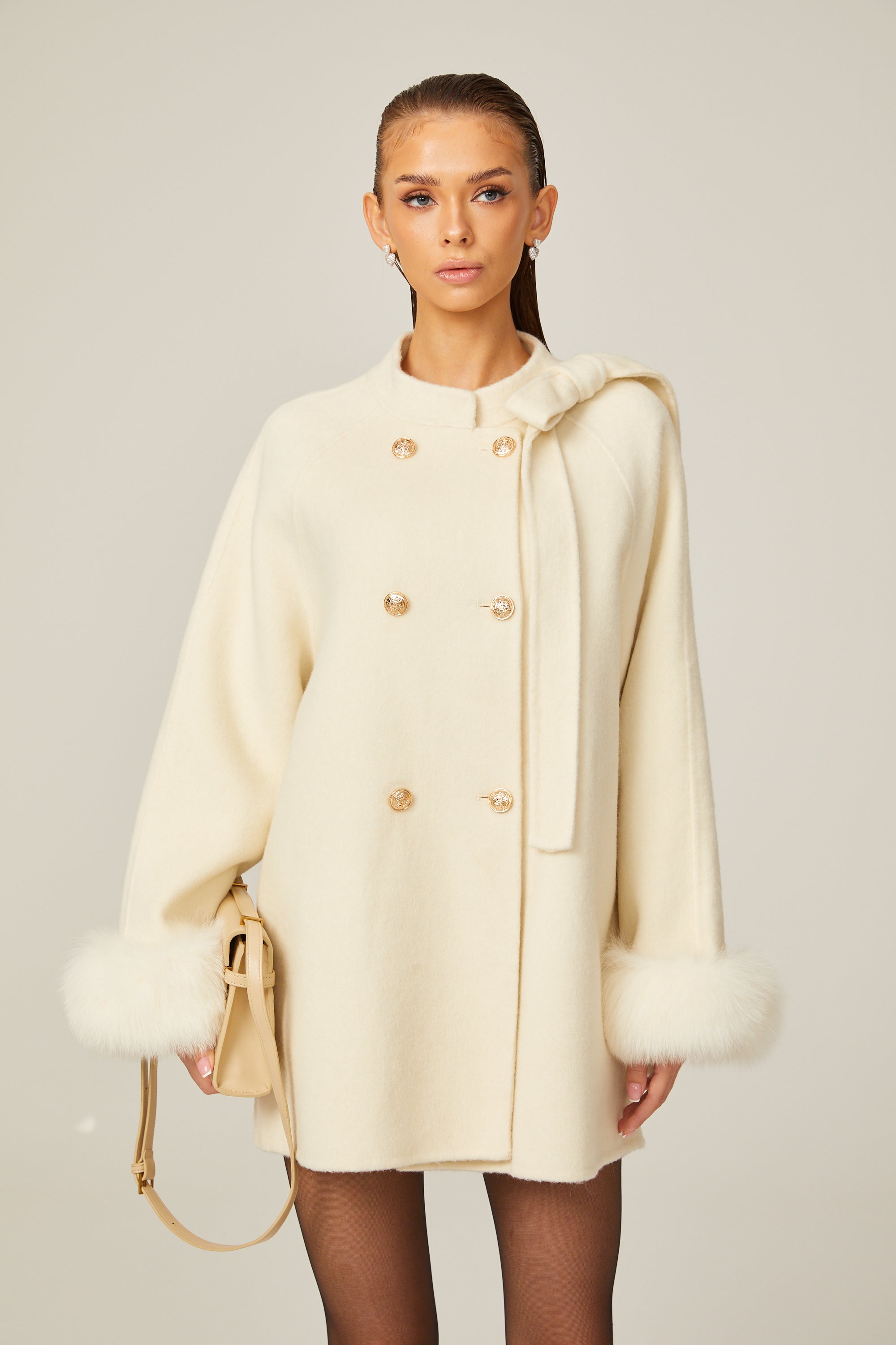 Colette white wool fur bowknot coat (Final Sale)