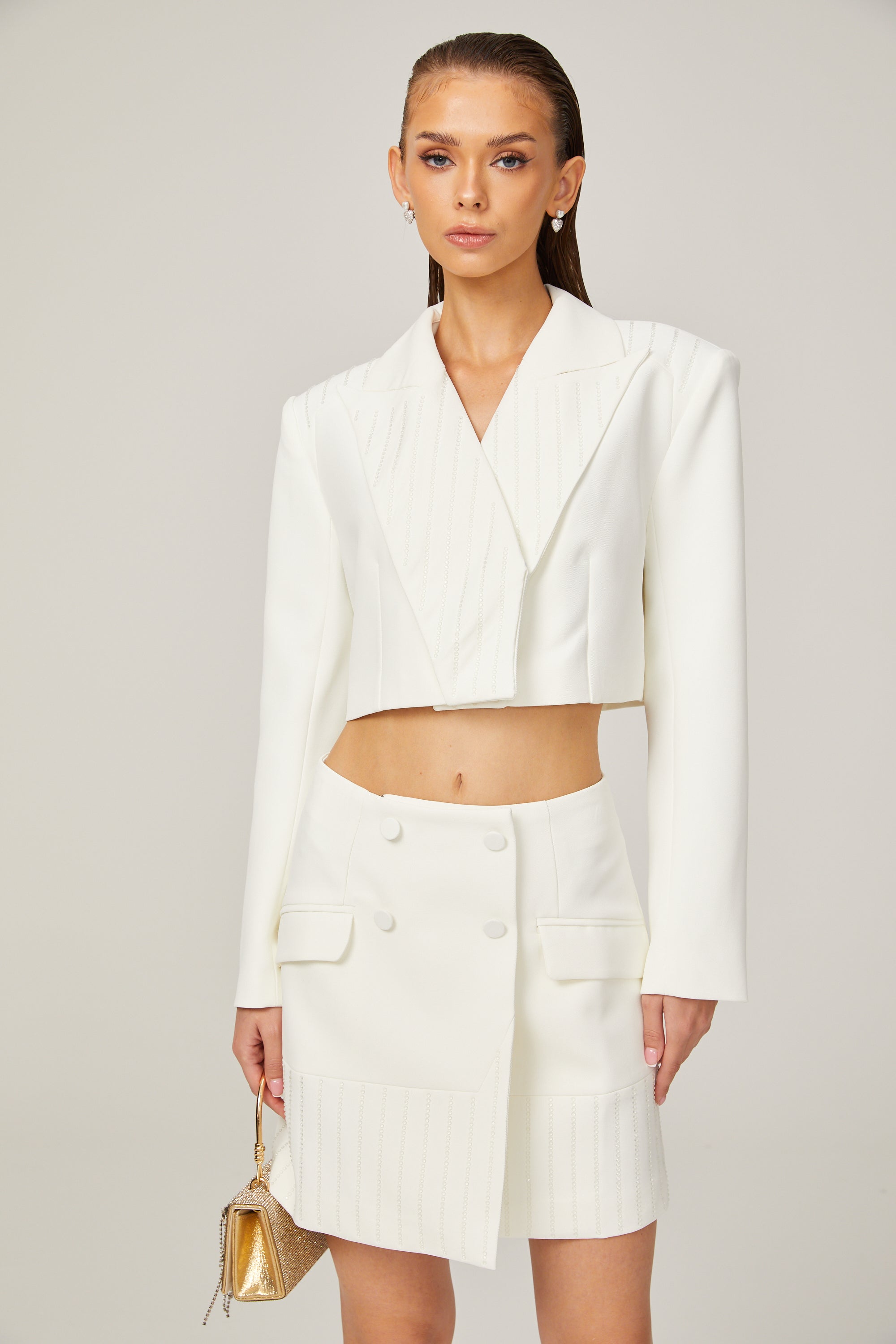 Carlotta white embellished jacket & skirt matching set (US Only)