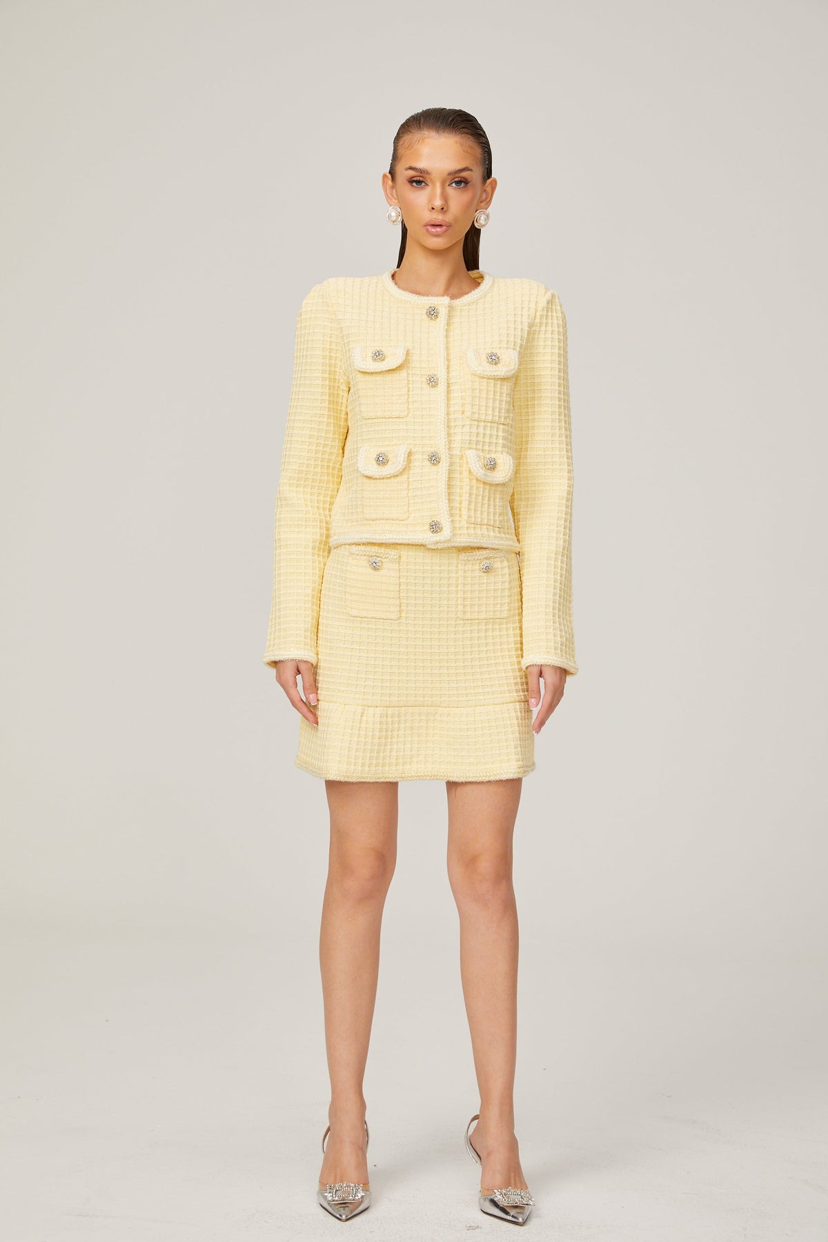 Fabienne yellow waffle-knit jacket & skirt matching set (Final Sale)
