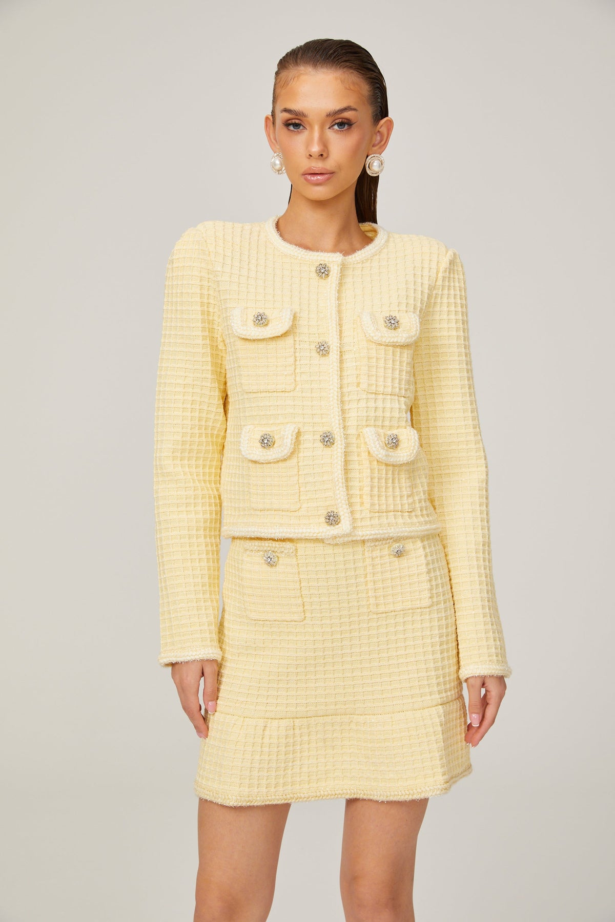 Fabienne yellow waffle-knit jacket & skirt matching set (Final Sale)