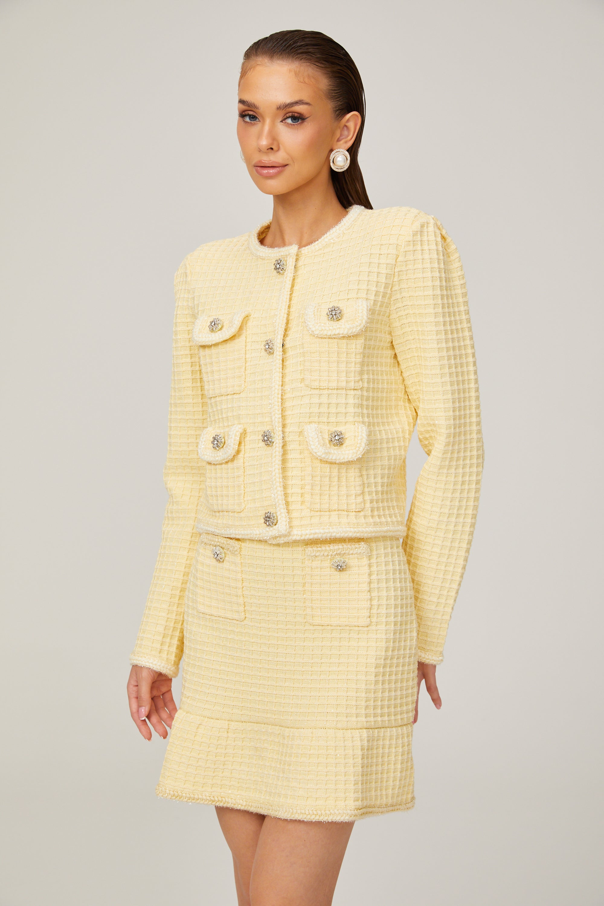 Fabienne yellow waffle-knit jacket & skirt matching set (Final Sale)