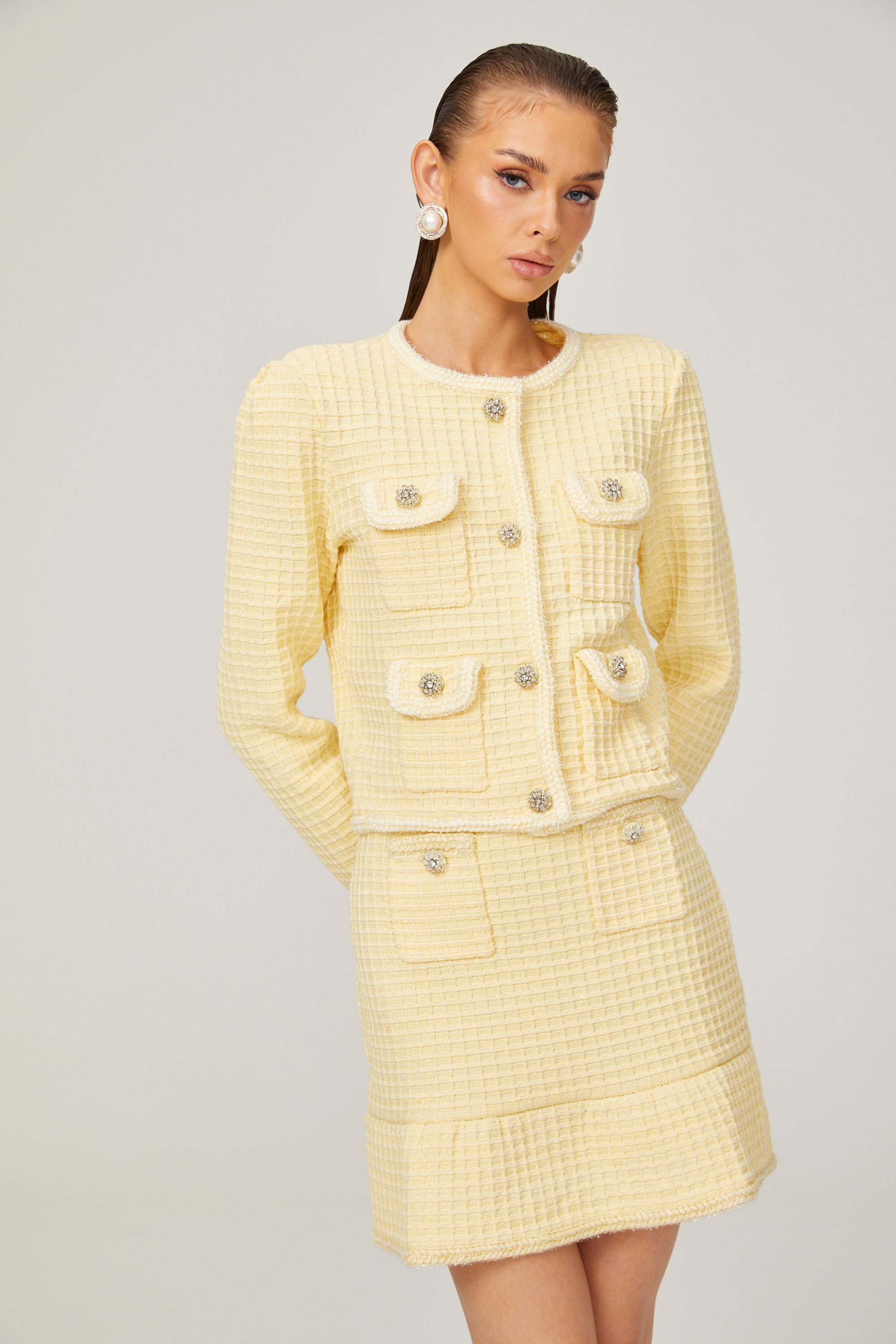 Fabienne yellow waffle-knit jacket & skirt matching set (Final Sale)