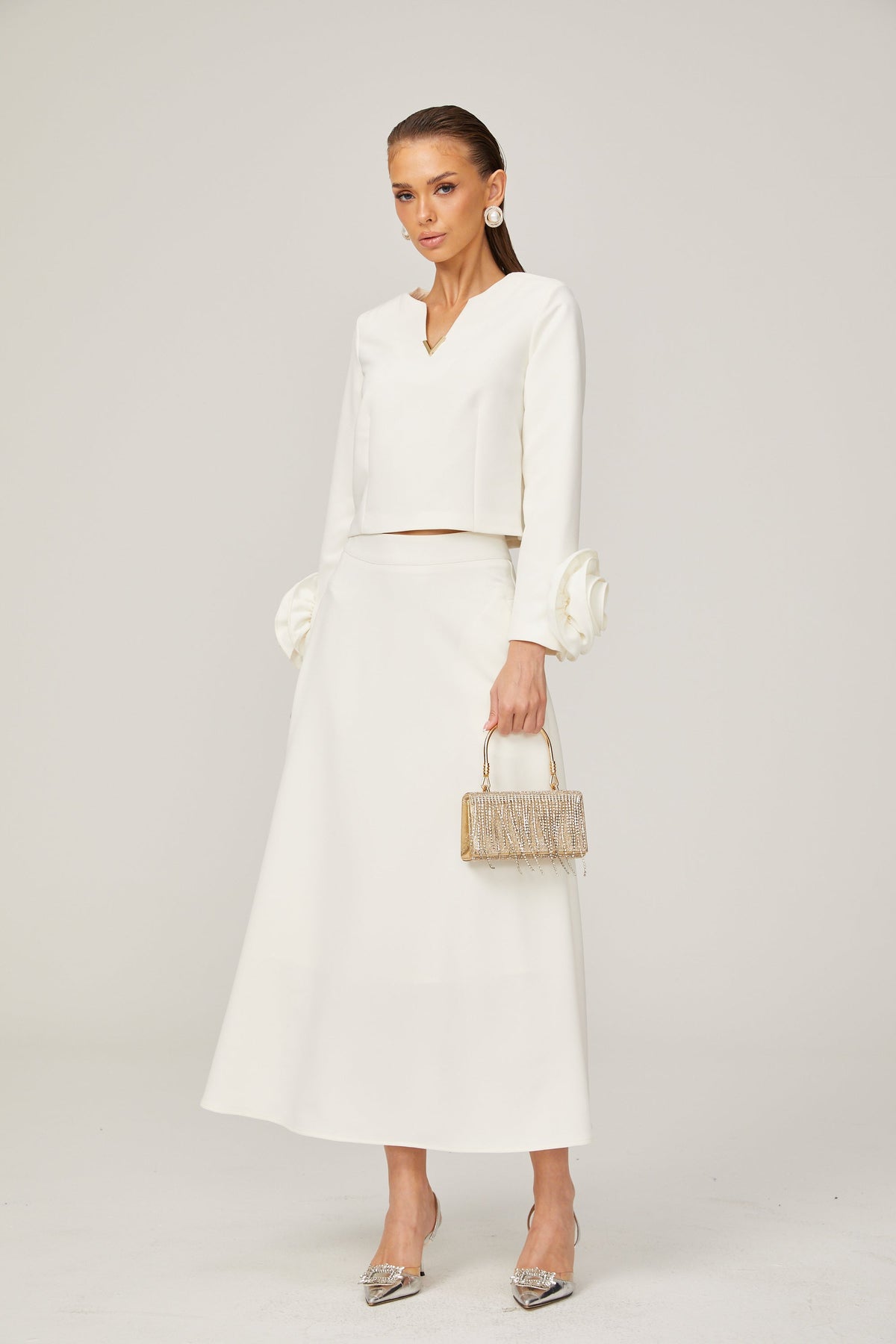 Hilaire white 3d-petal top & skirt matching set