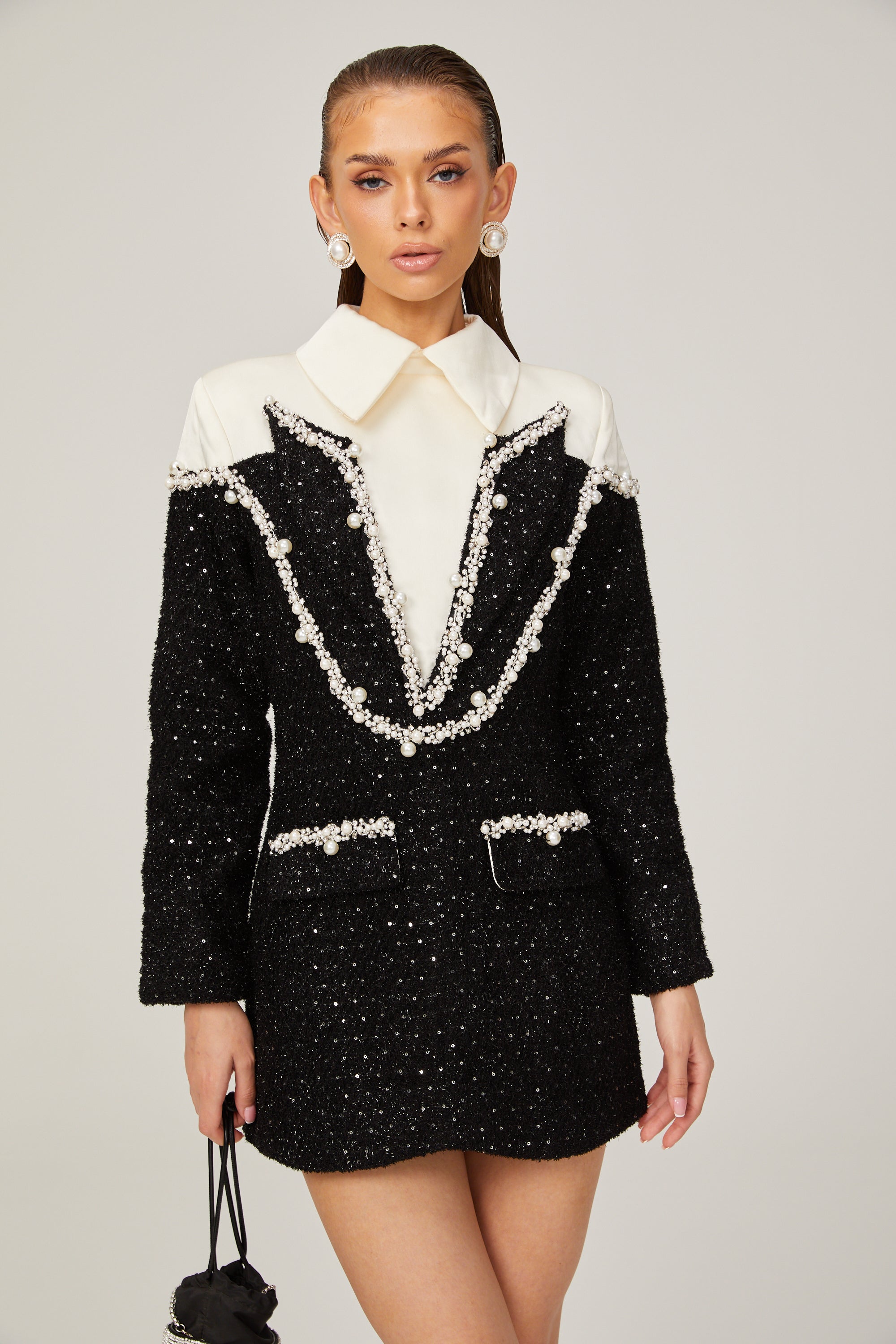 Éléonore faux-pearl tweed mini dress - Black