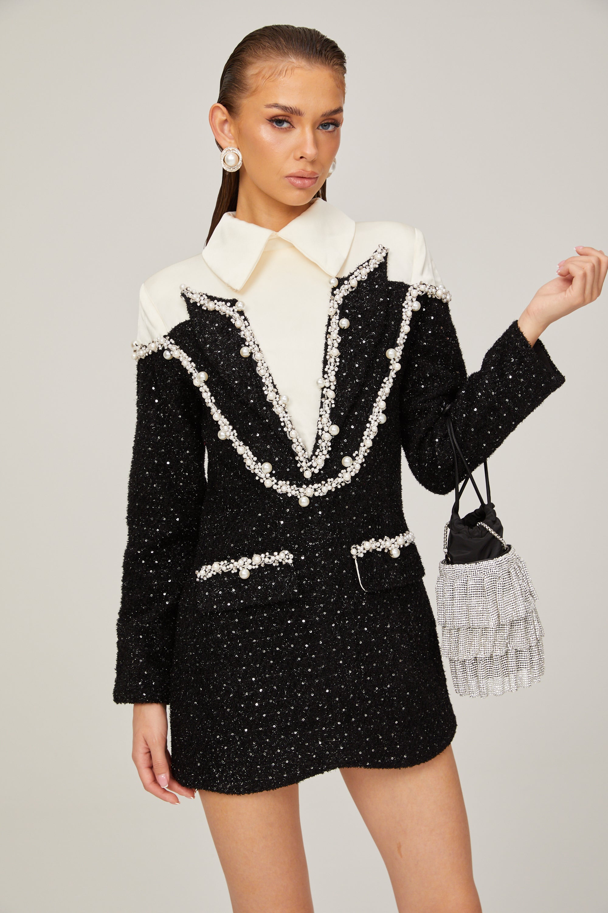 Éléonore faux-pearl tweed mini dress - Black