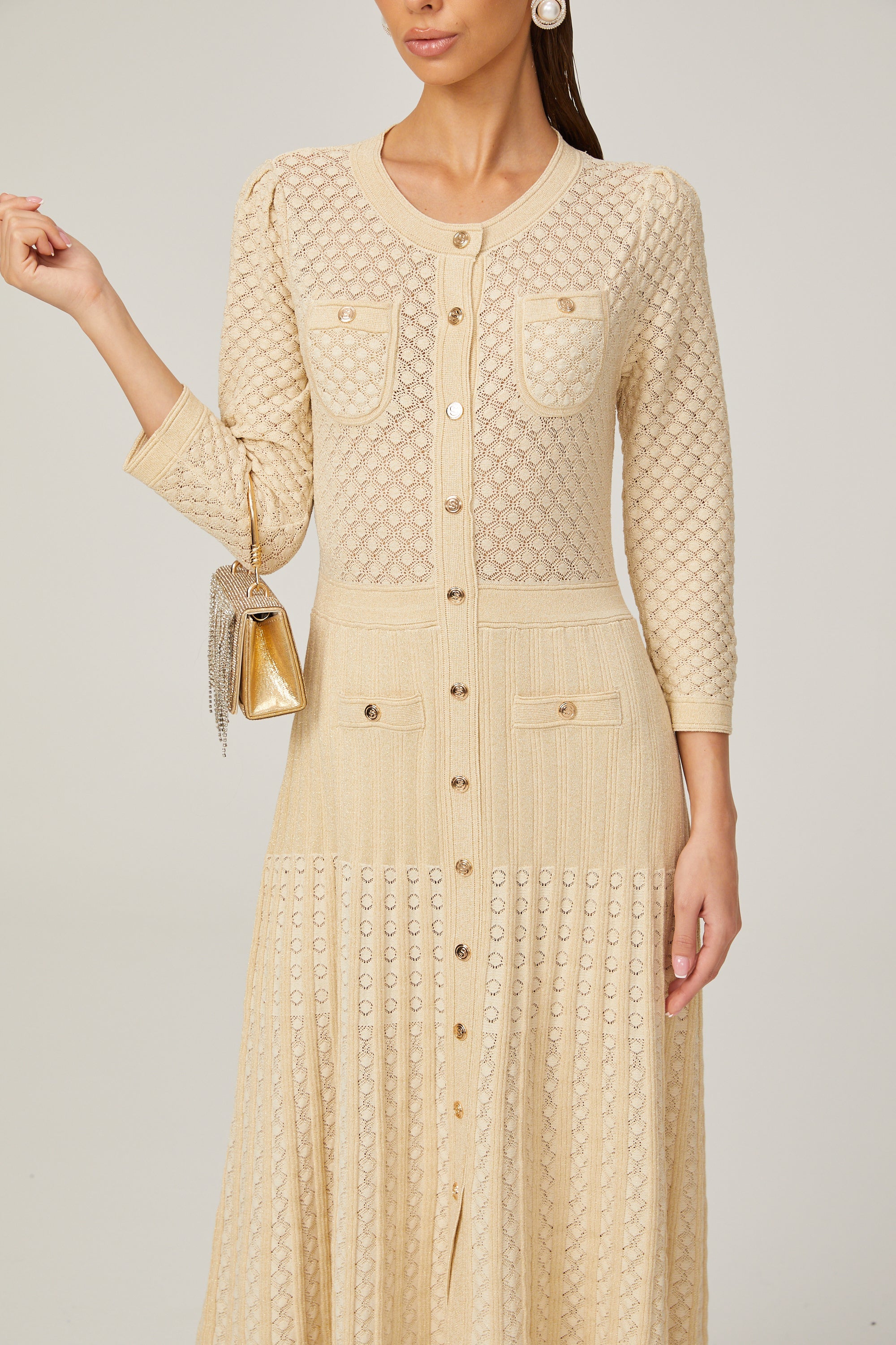 Élodie knitted long-sleeve midi dress in Neutrals