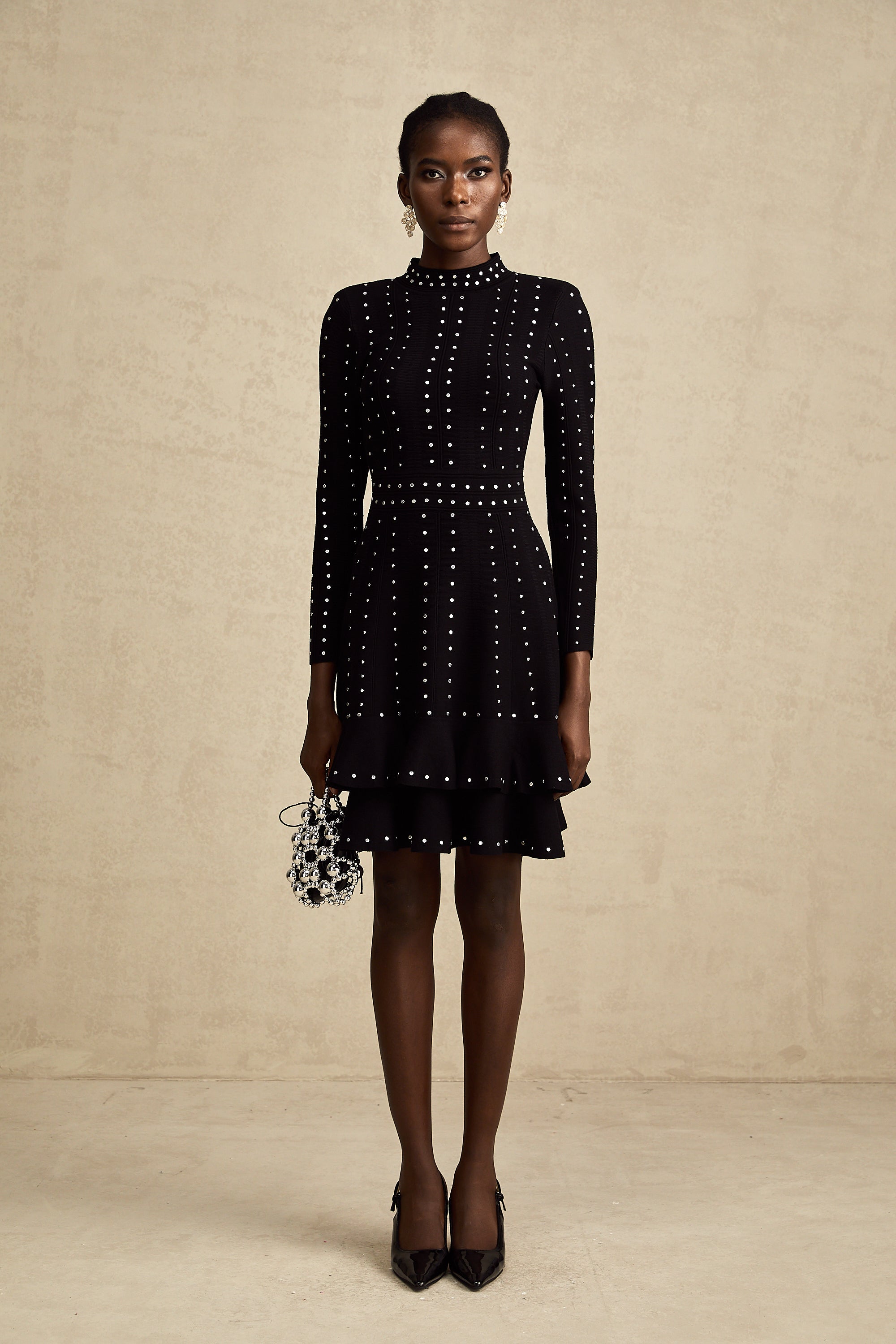 Fabienne Black Embellished Ruffled Knit Mini Dress (Final Sale)