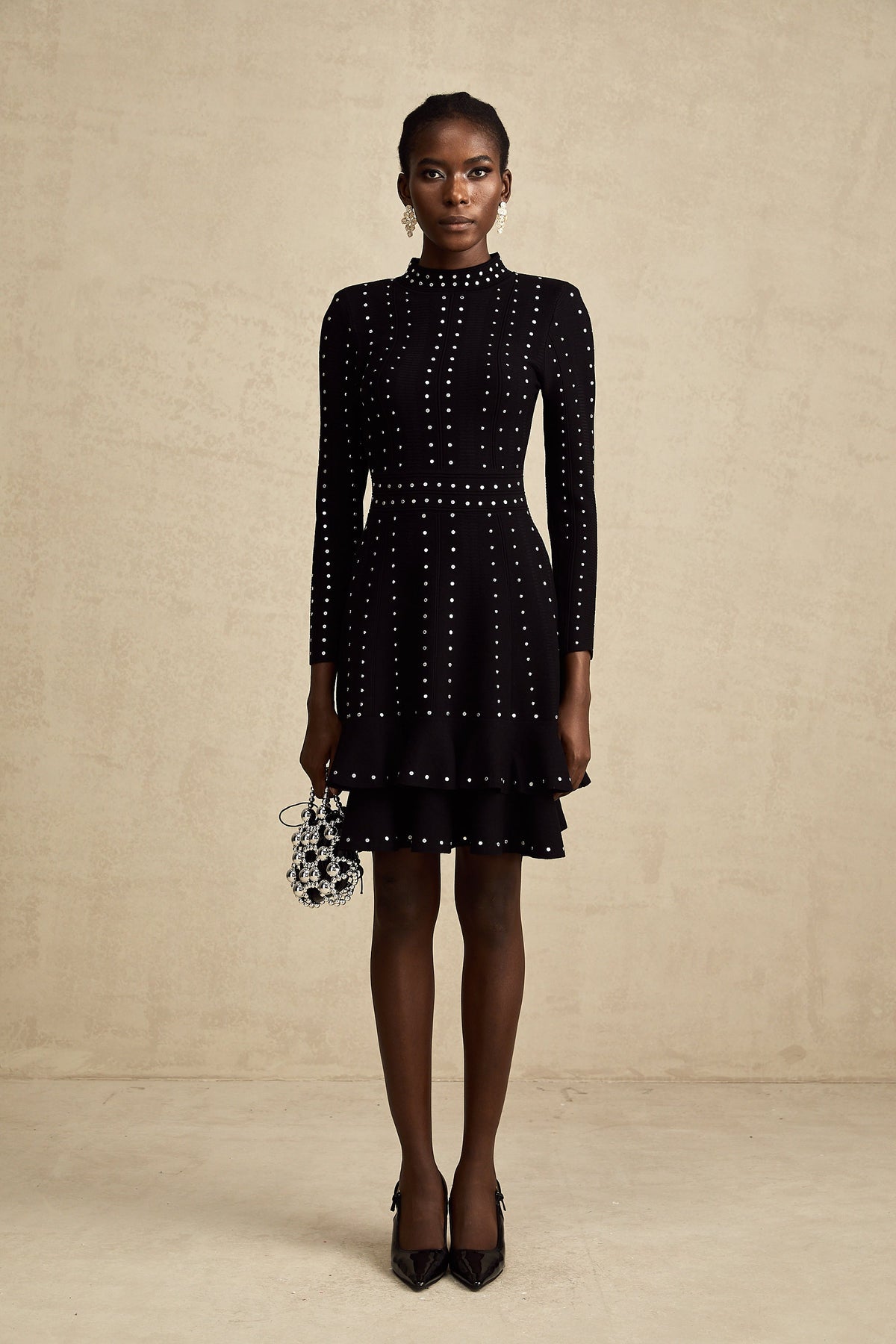 Fabienne Black Embellished Ruffled Knit Mini Dress (Final Sale)