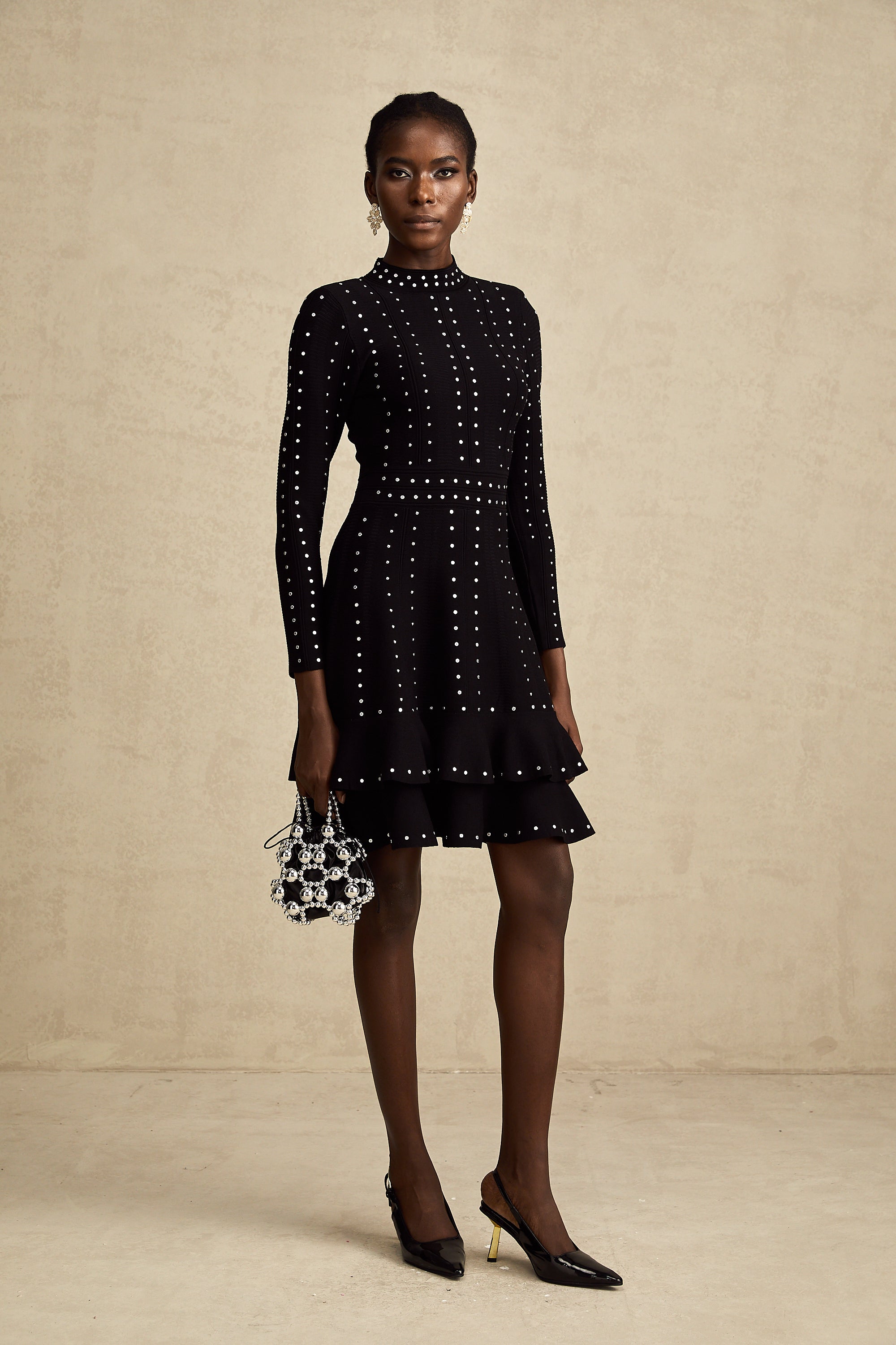 Fabienne Black Embellished Ruffled Knit Mini Dress (Final Sale)