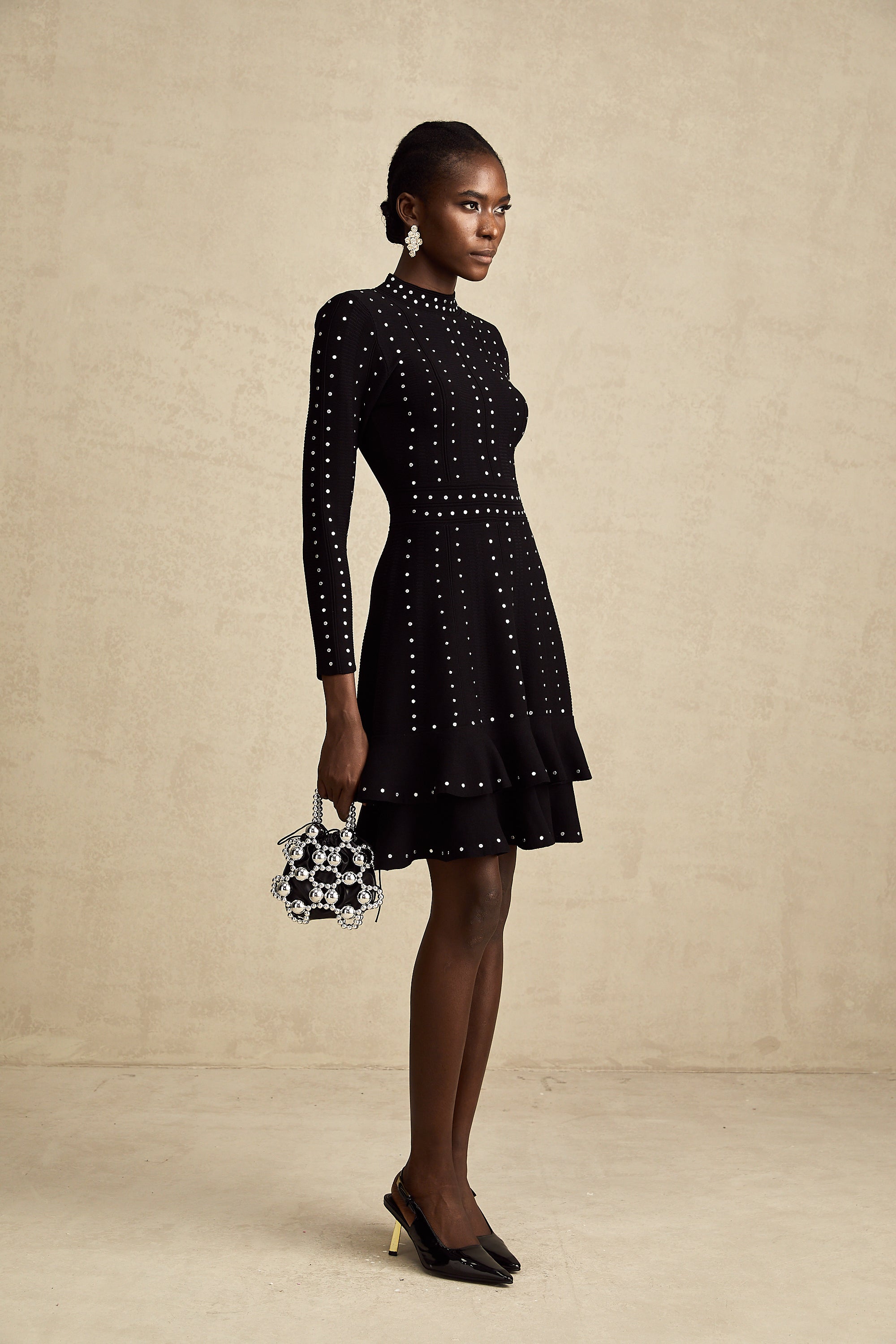 Fabienne black embellished ruffled knitted mini dress