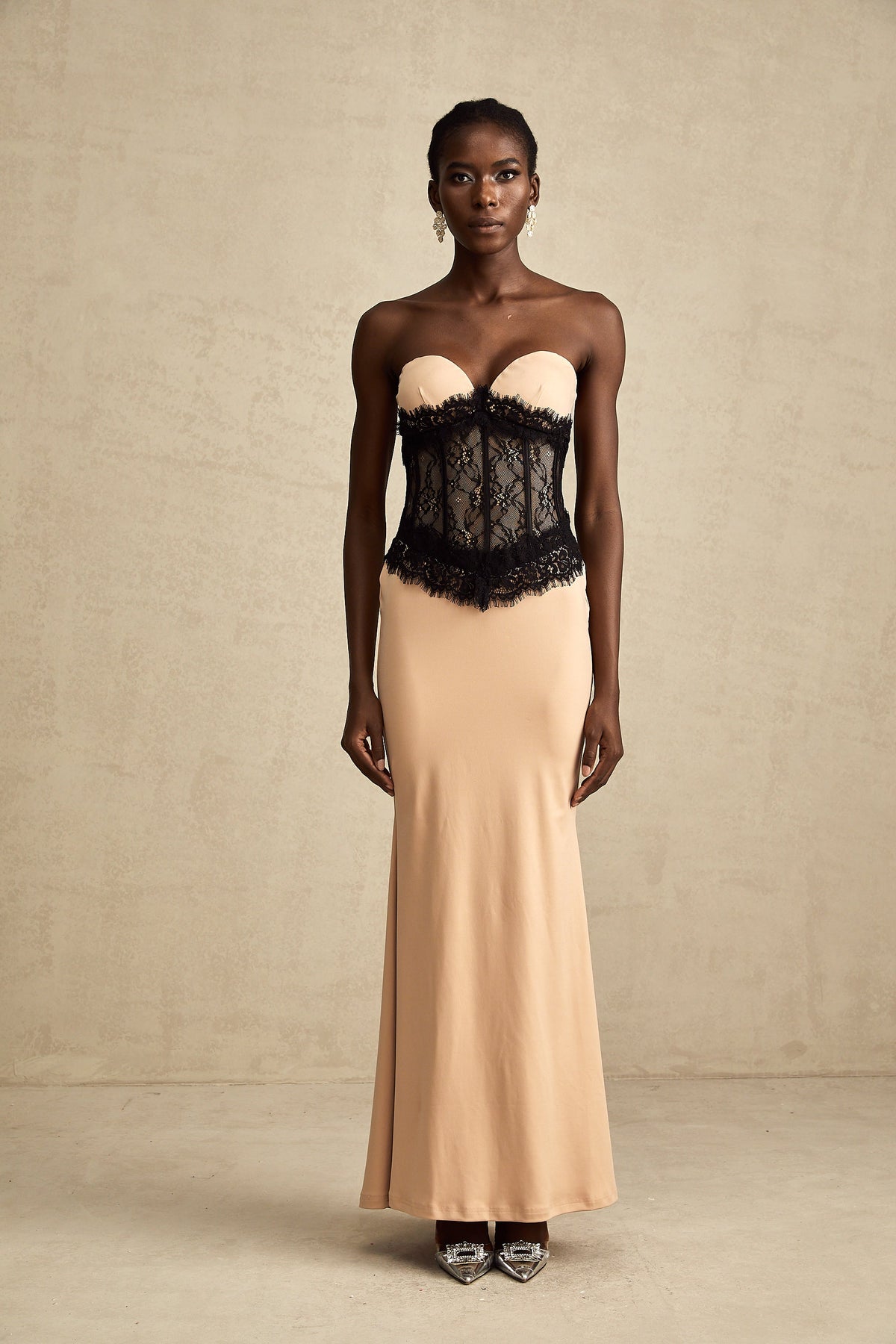Delphine lace-panel off-shoulder corset maxi dress