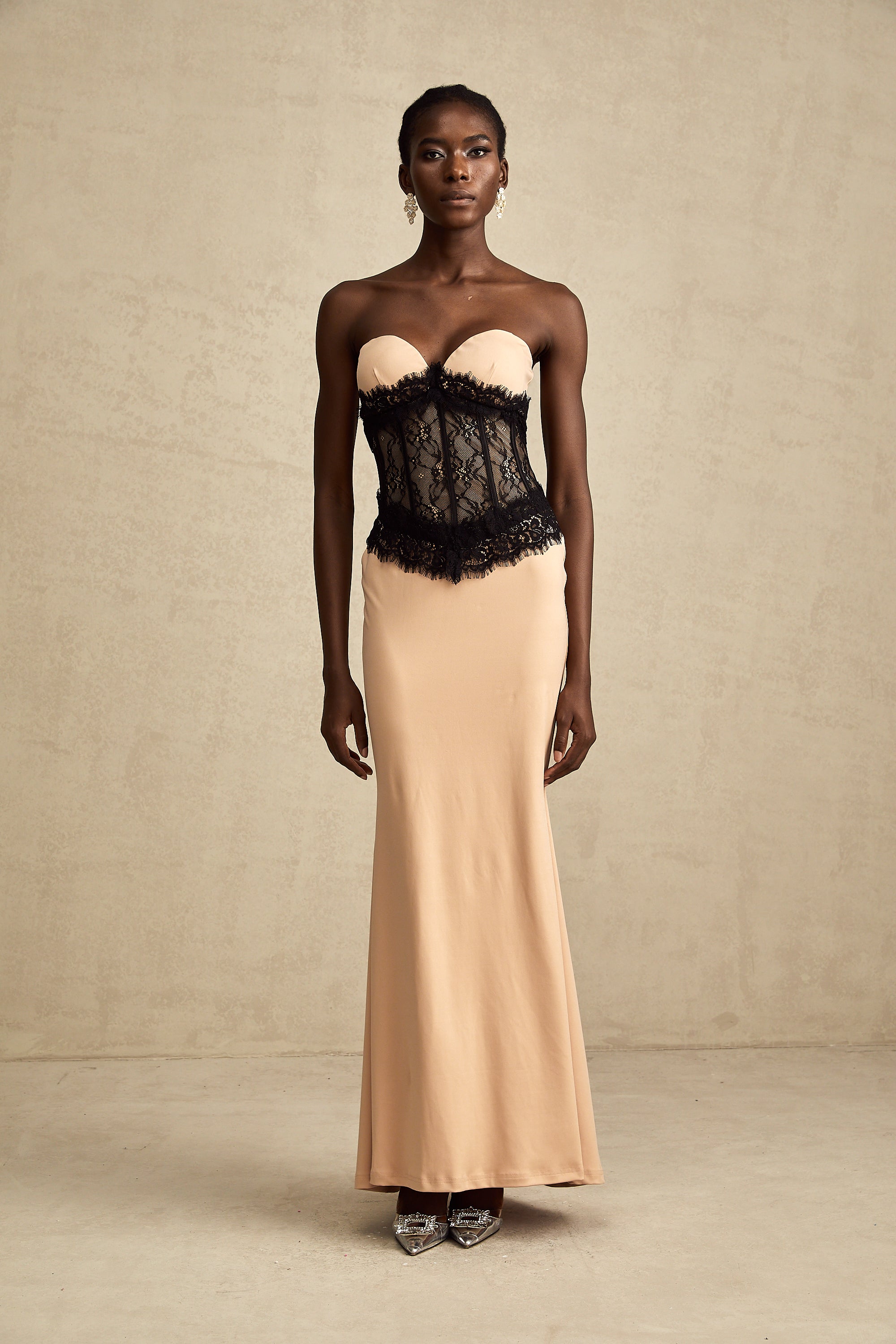 Delphine lace-panel off-shoulder corset maxi dress (US Only)