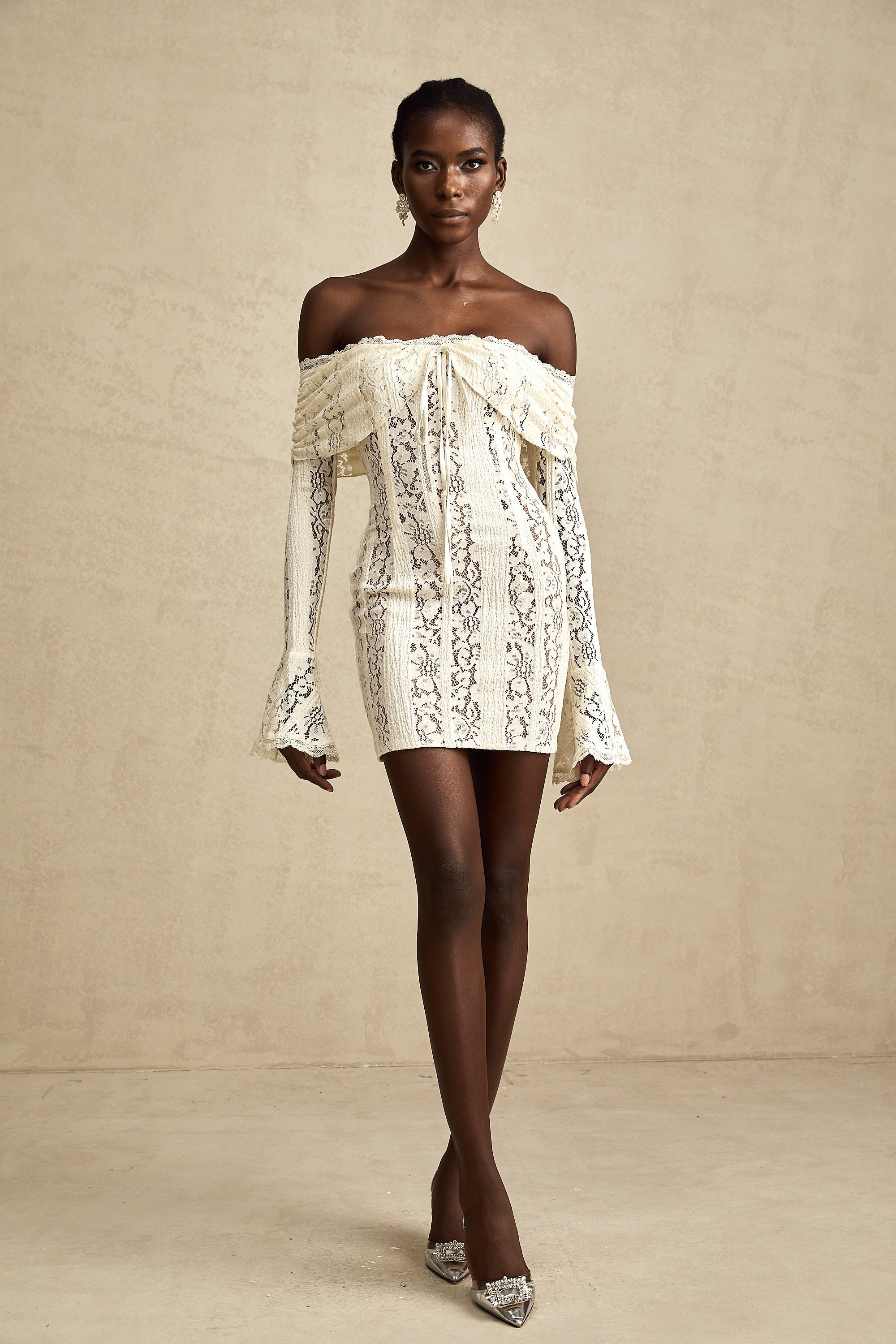 Émeline floral lace flared-cuff mini dress in Neutrals