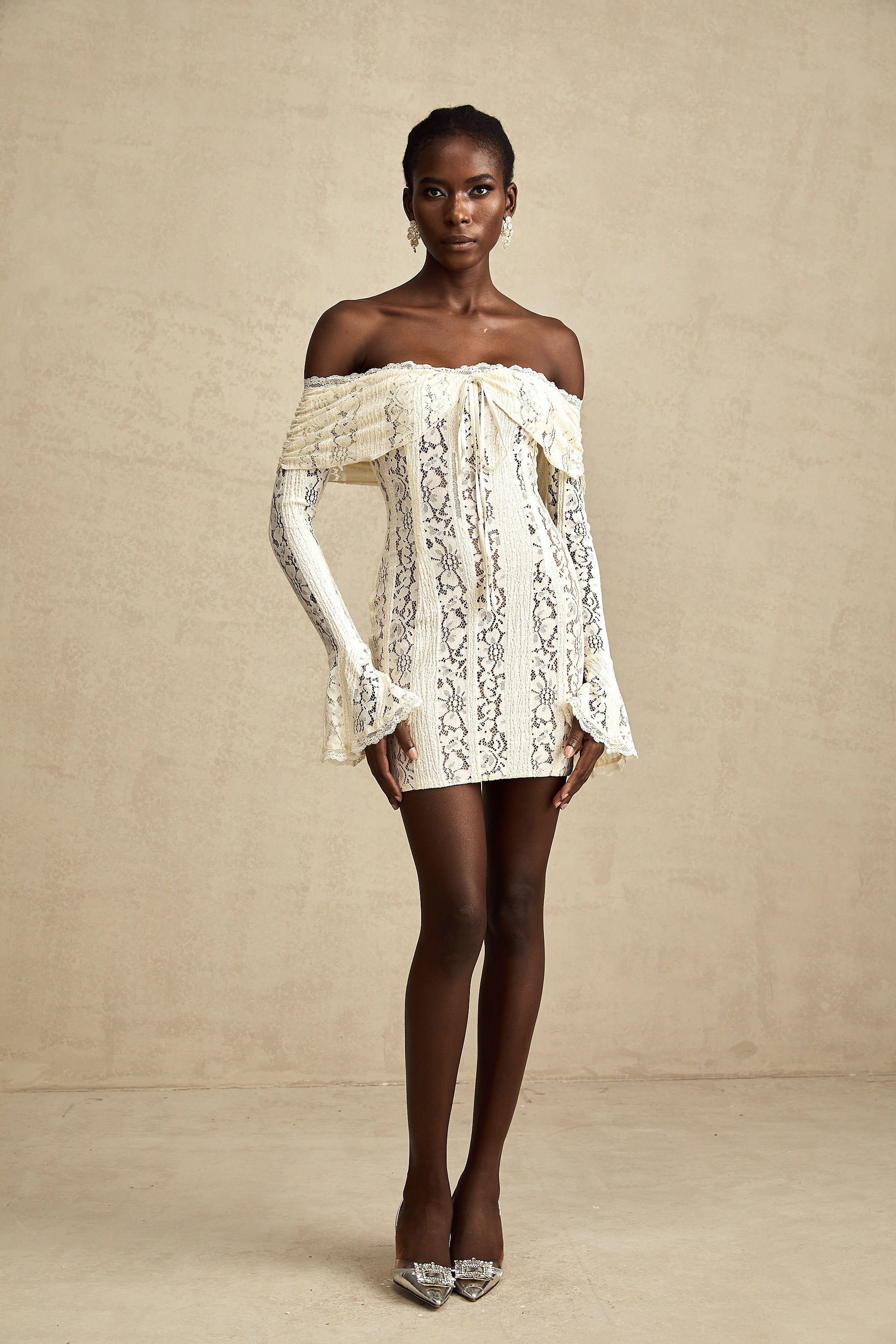 Émeline floral lace flared-cuff mini dress in Neutrals