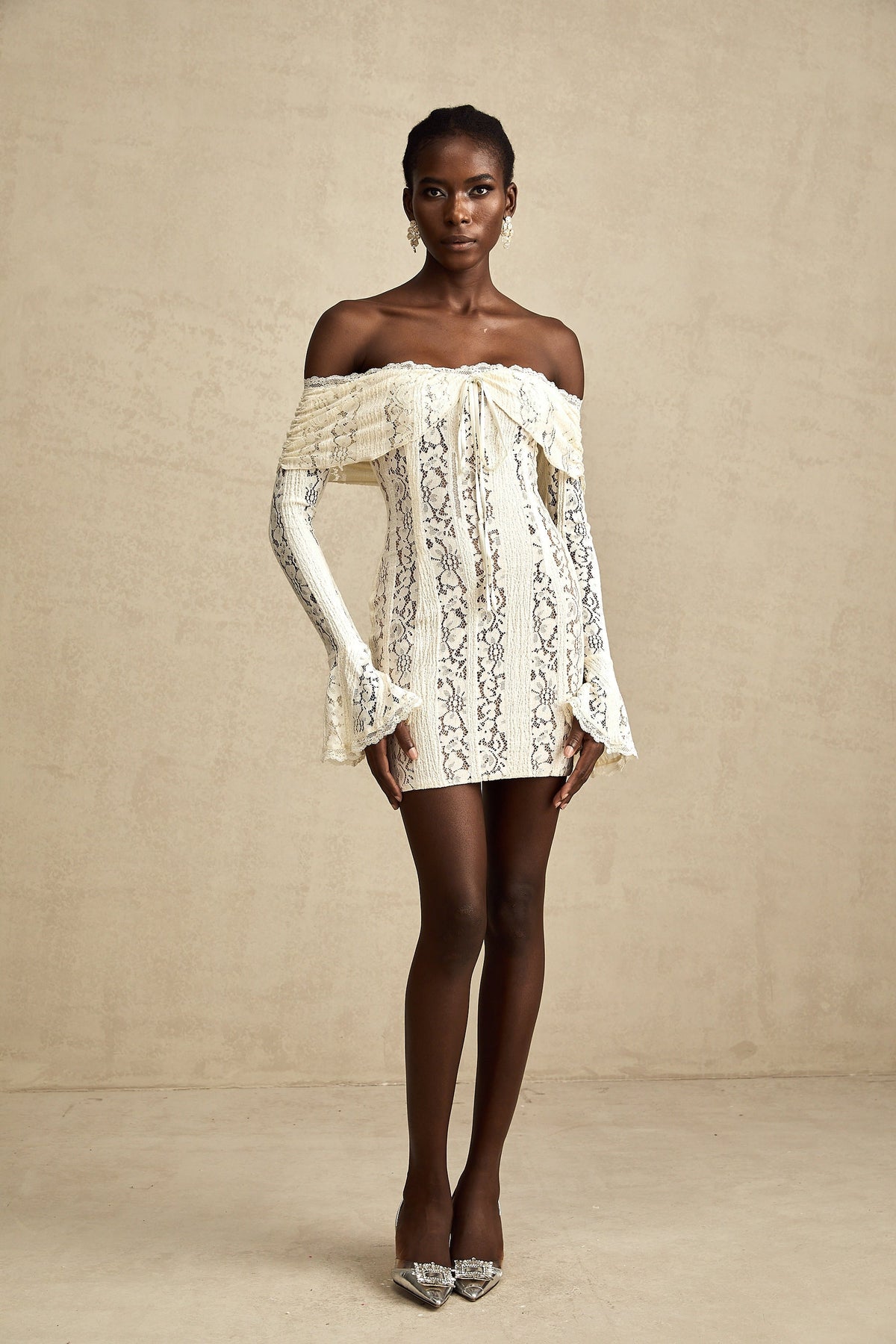 Émeline floral lace flared-cuff mini dress in Neutrals
