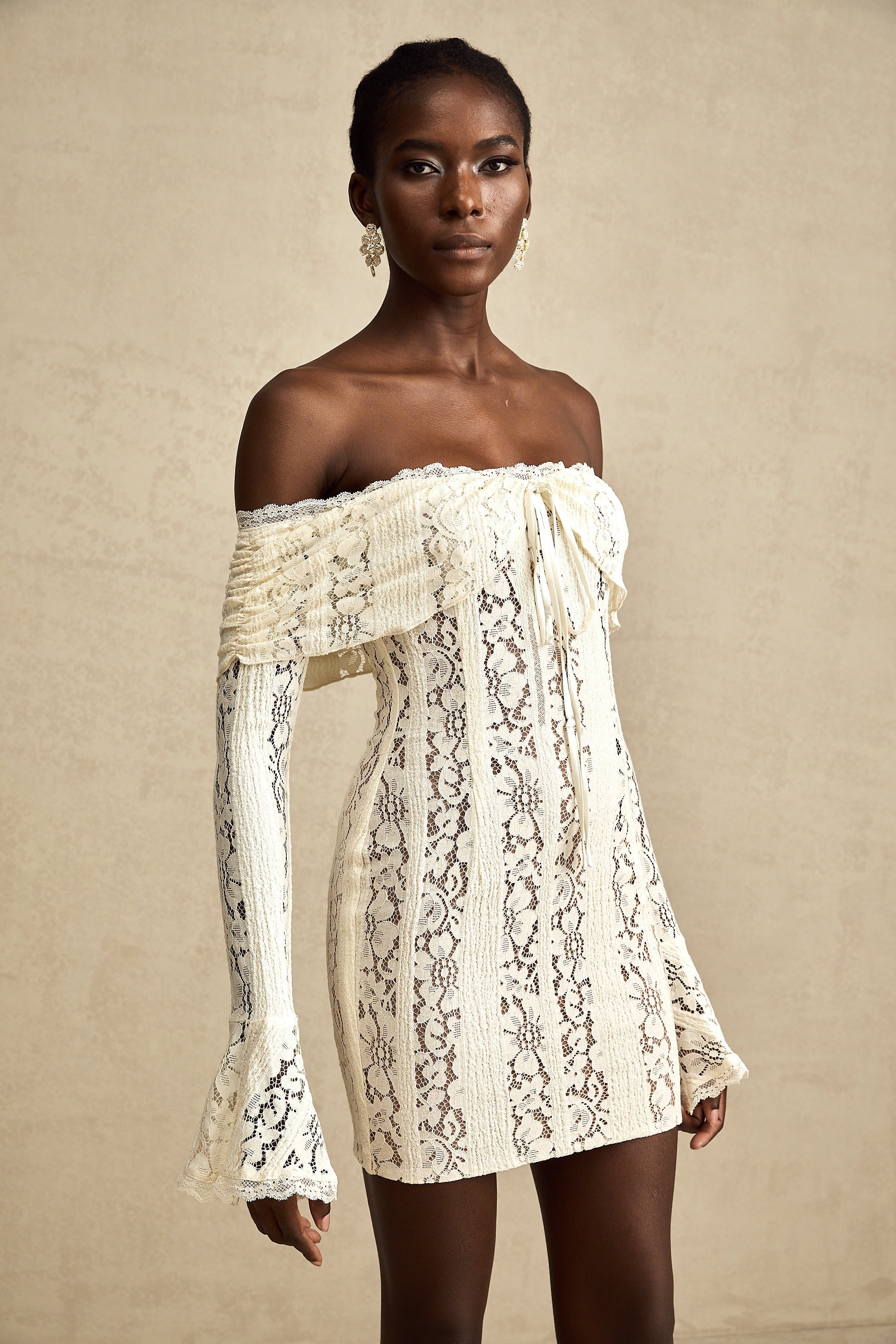 Émeline floral lace flared-cuff mini dress in Neutrals