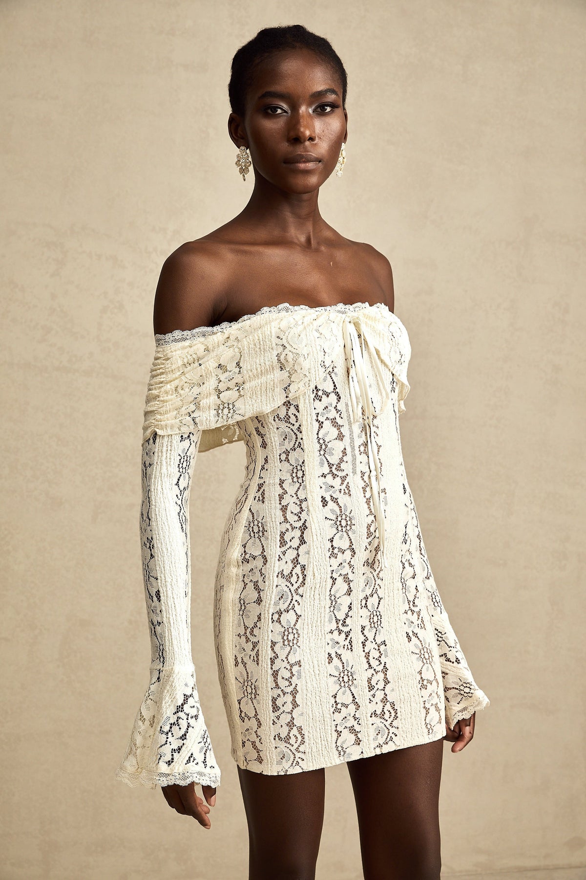 Émeline floral lace flared-cuff mini dress in Neutrals