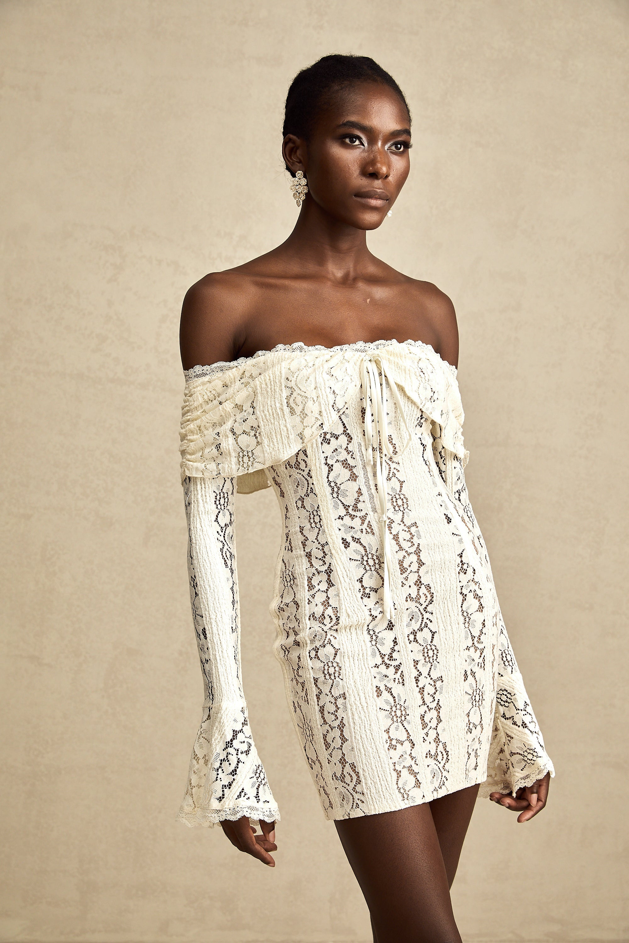 Émeline floral lace flared-cuff mini dress in Neutrals