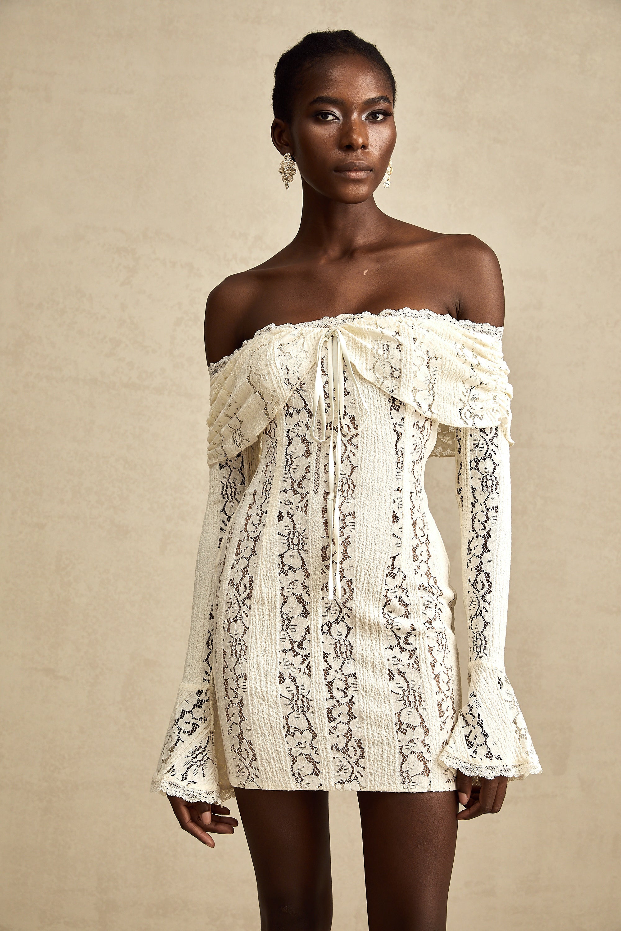 Émeline floral lace flared-cuff mini dress in Neutrals