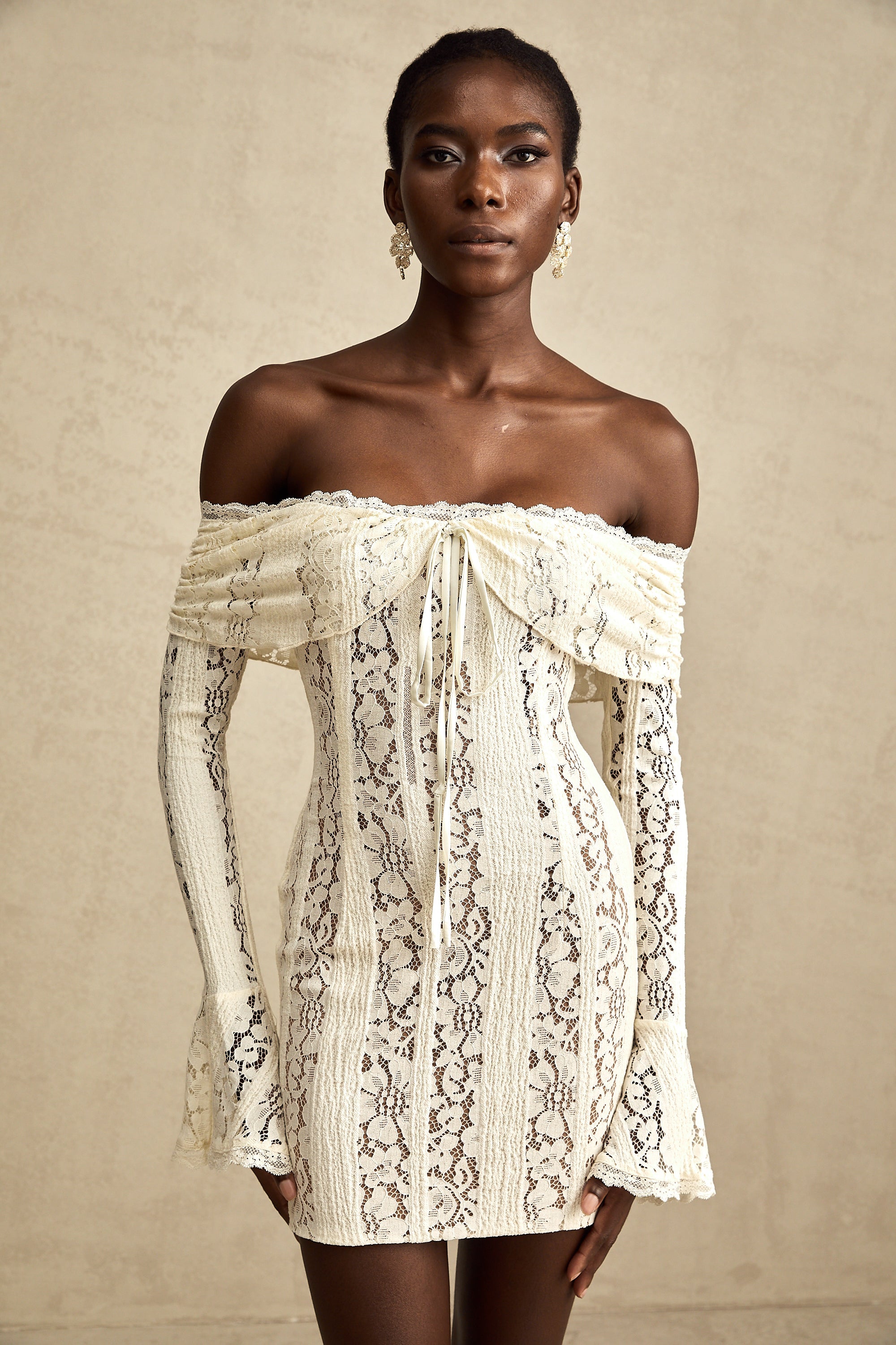 Émeline floral lace flared-cuff mini dress in Neutrals