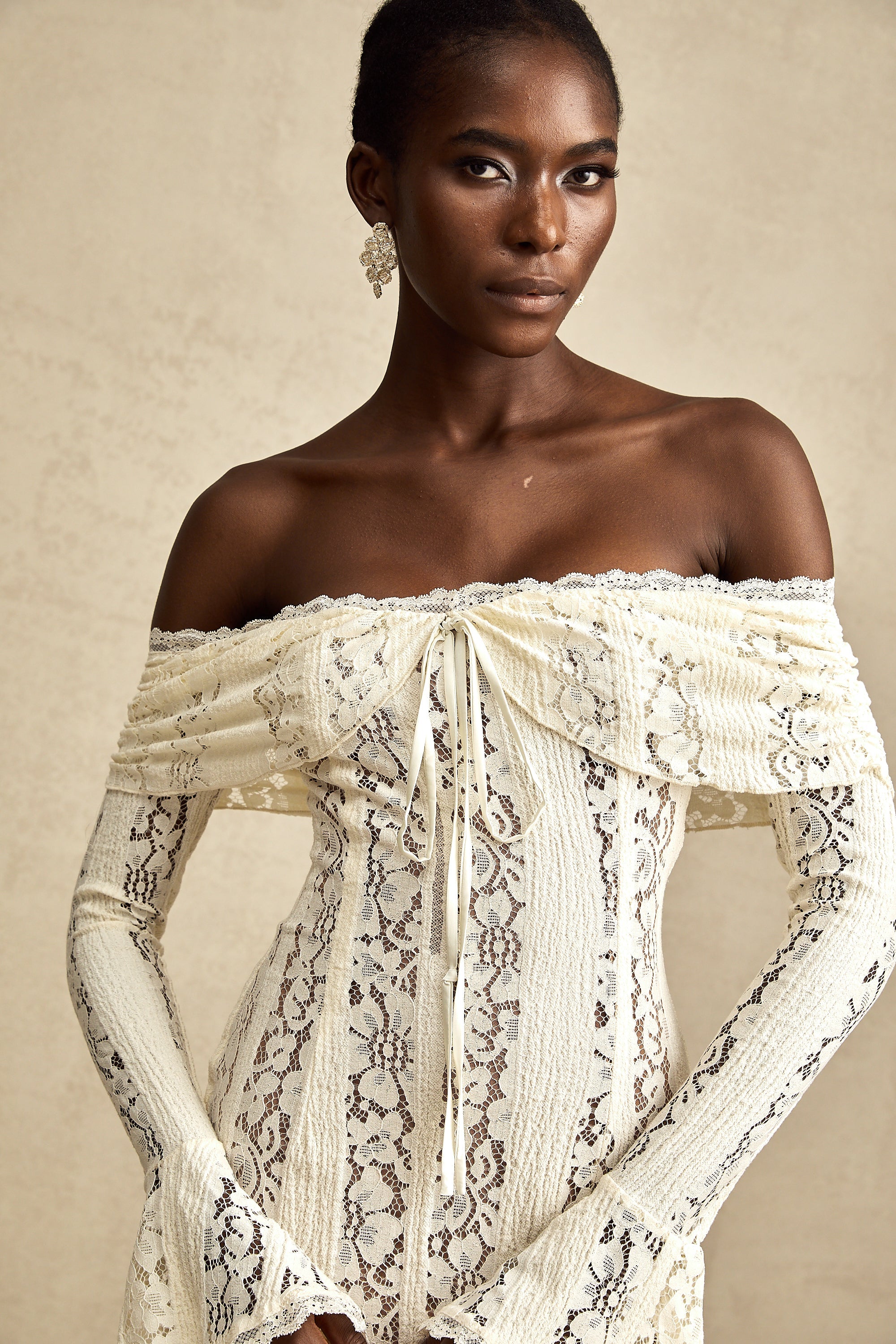 Émeline floral lace flared-cuff mini dress in Neutrals