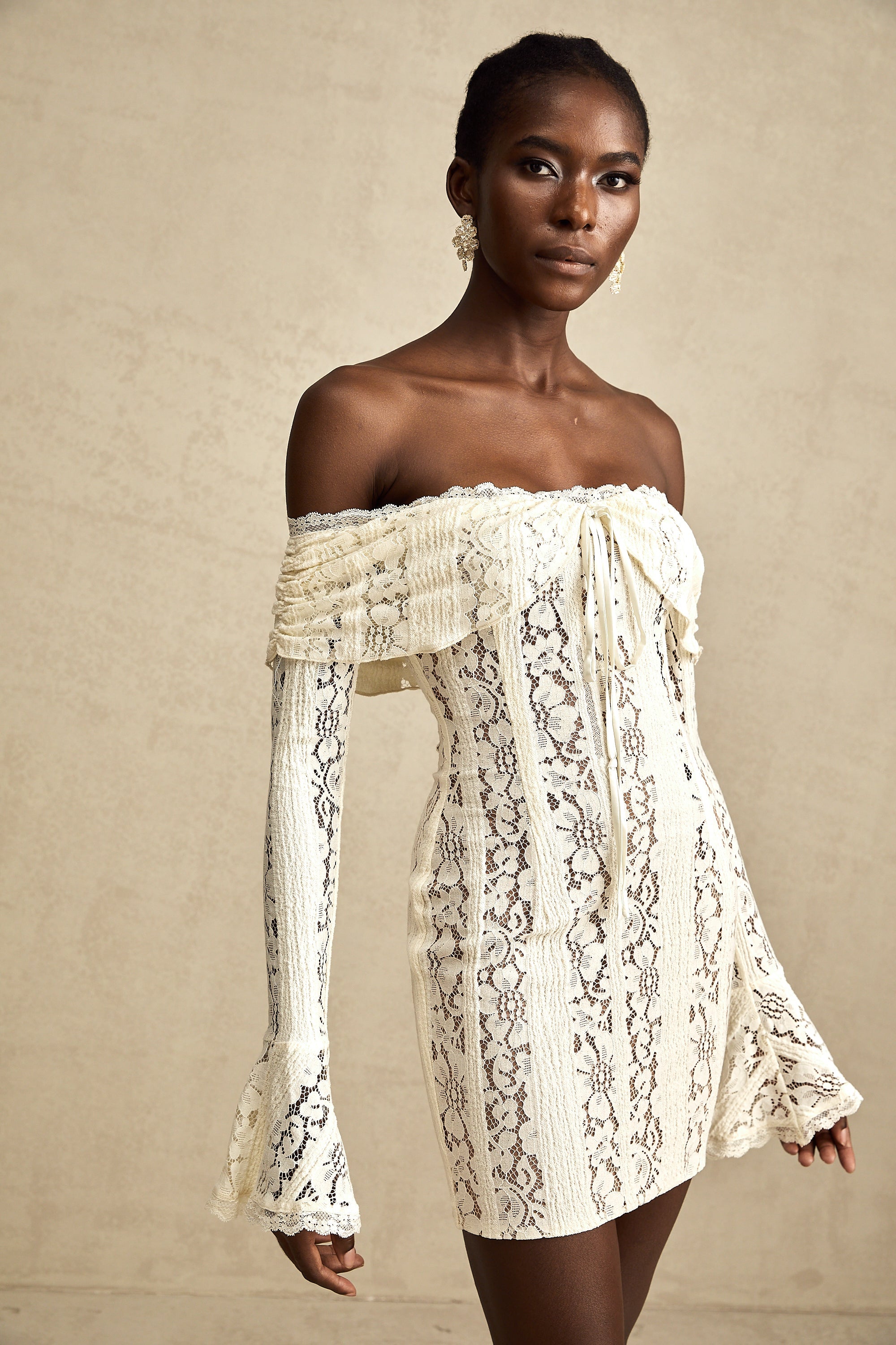 Émeline floral lace flared-cuff mini dress in Neutrals