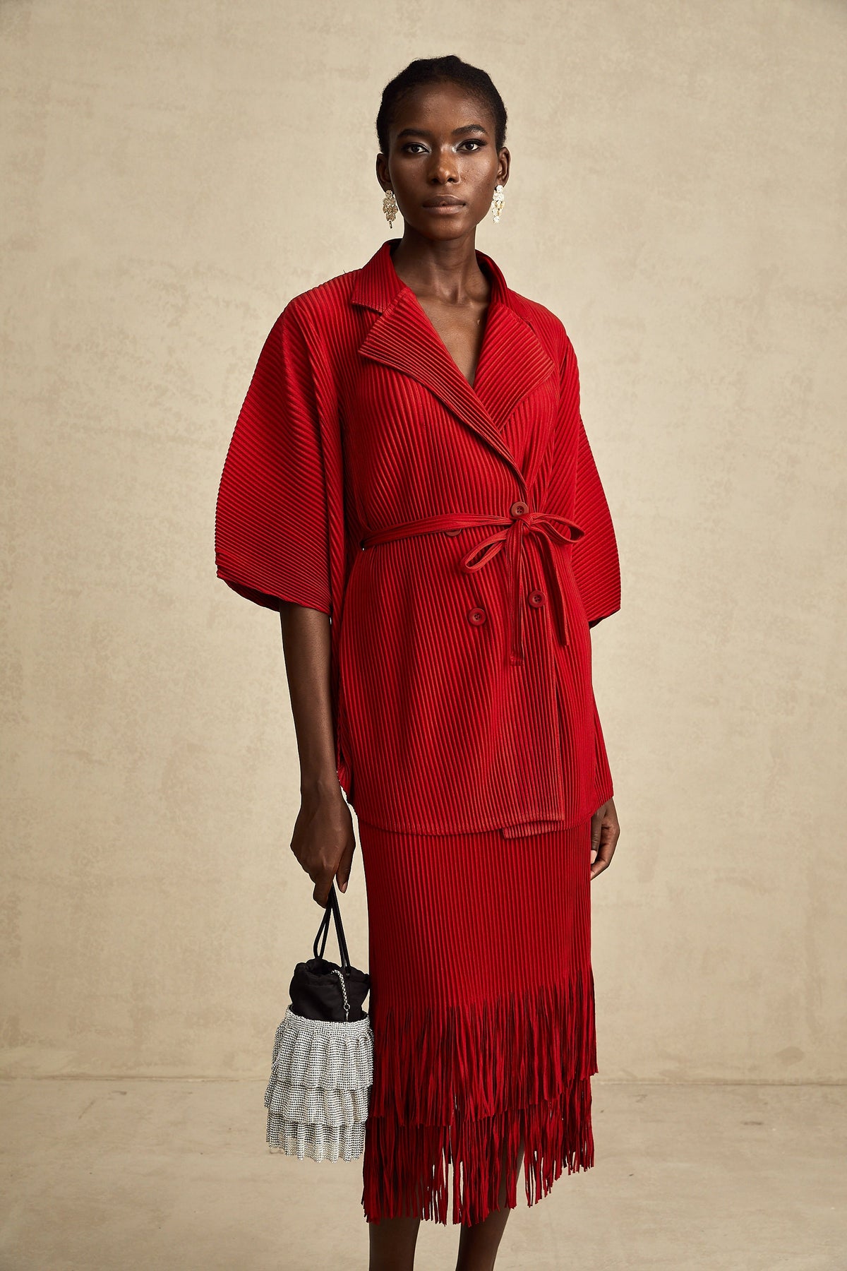 Cyrielle red pleated jacket & skirt matching set