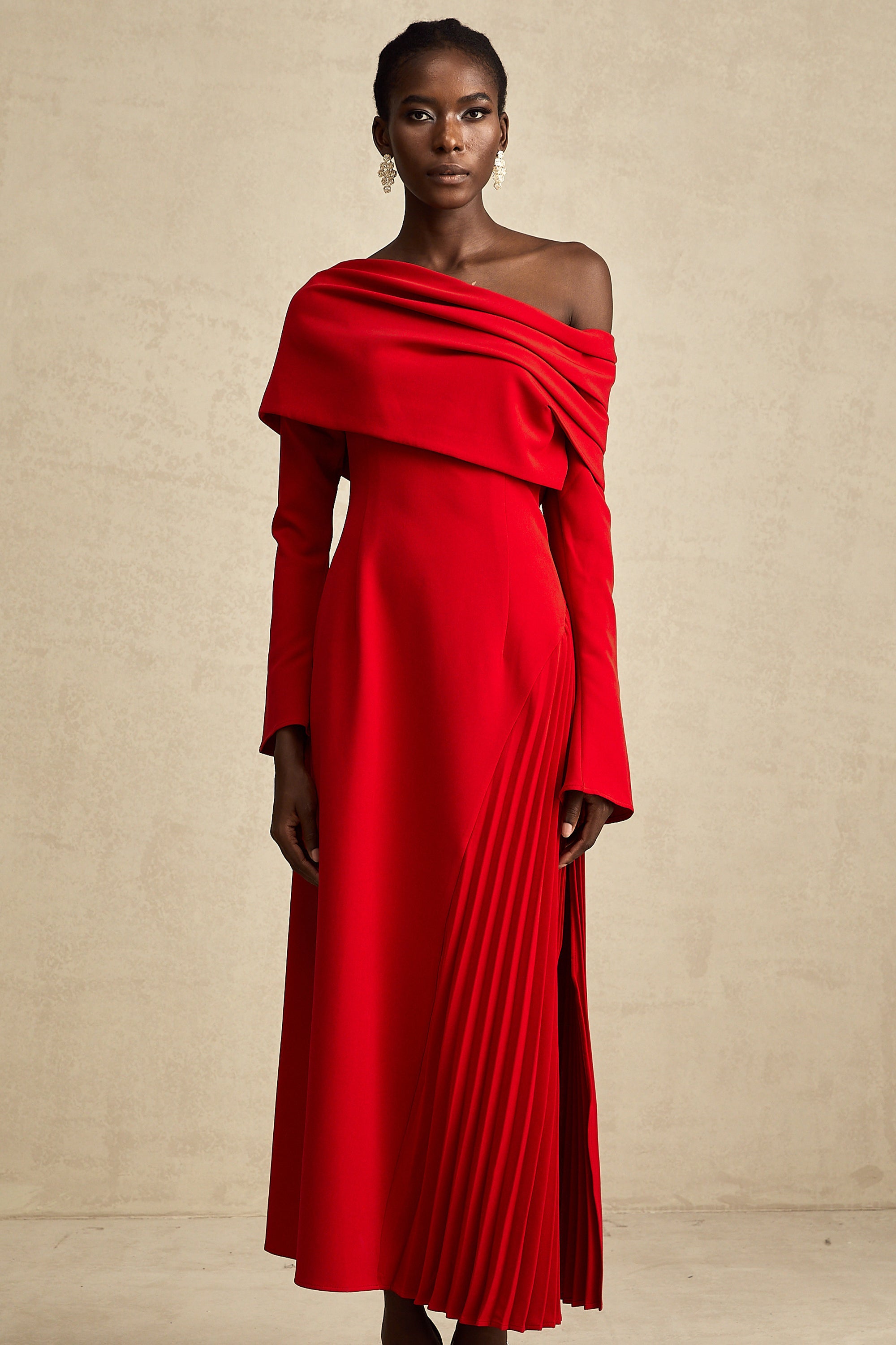 Valentine Red Pleated Maxi Dress with High Slit (Final Sale-US Only)