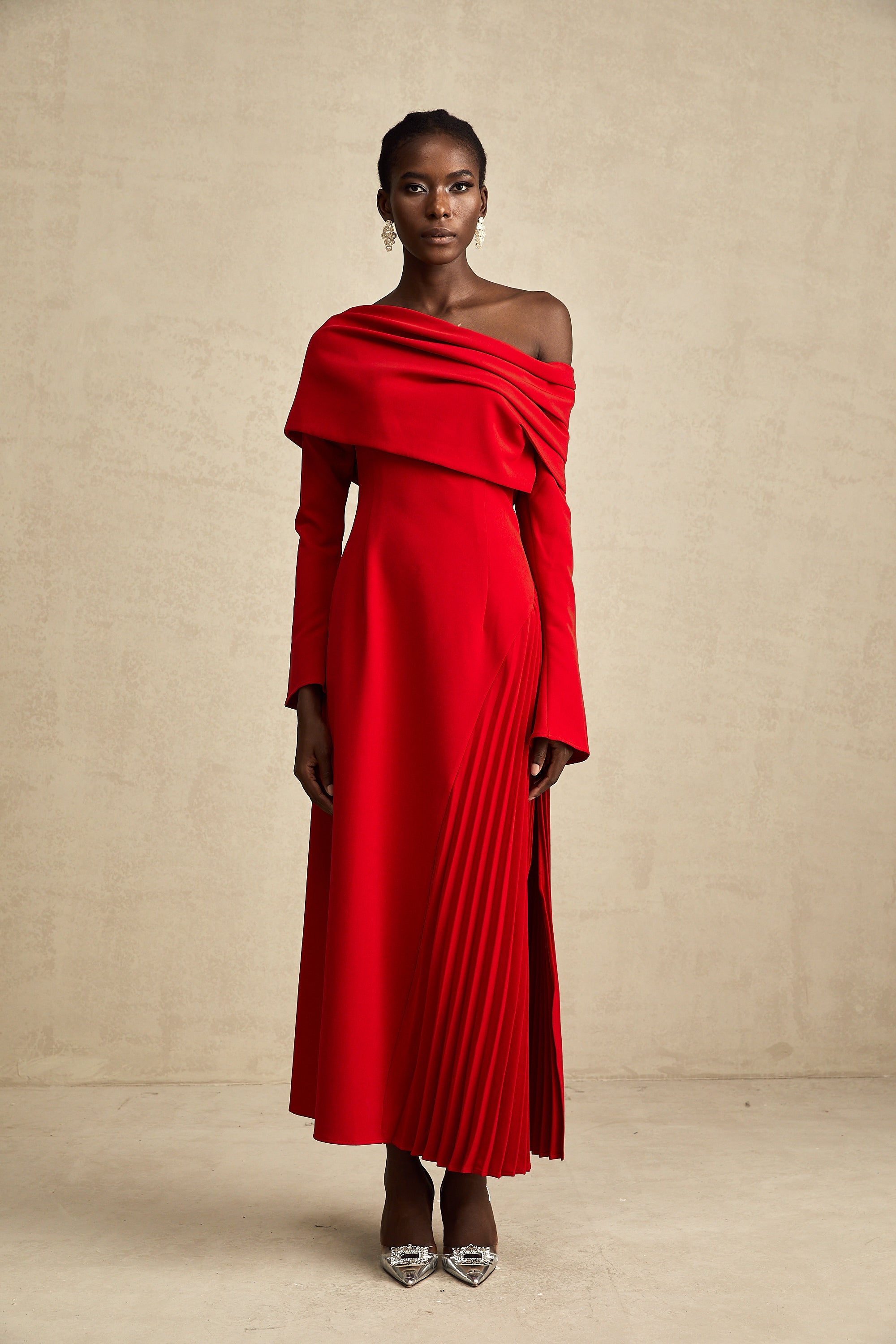 Valentine Red Pleated Maxi Dress with High Slit (Final Sale-US Only)