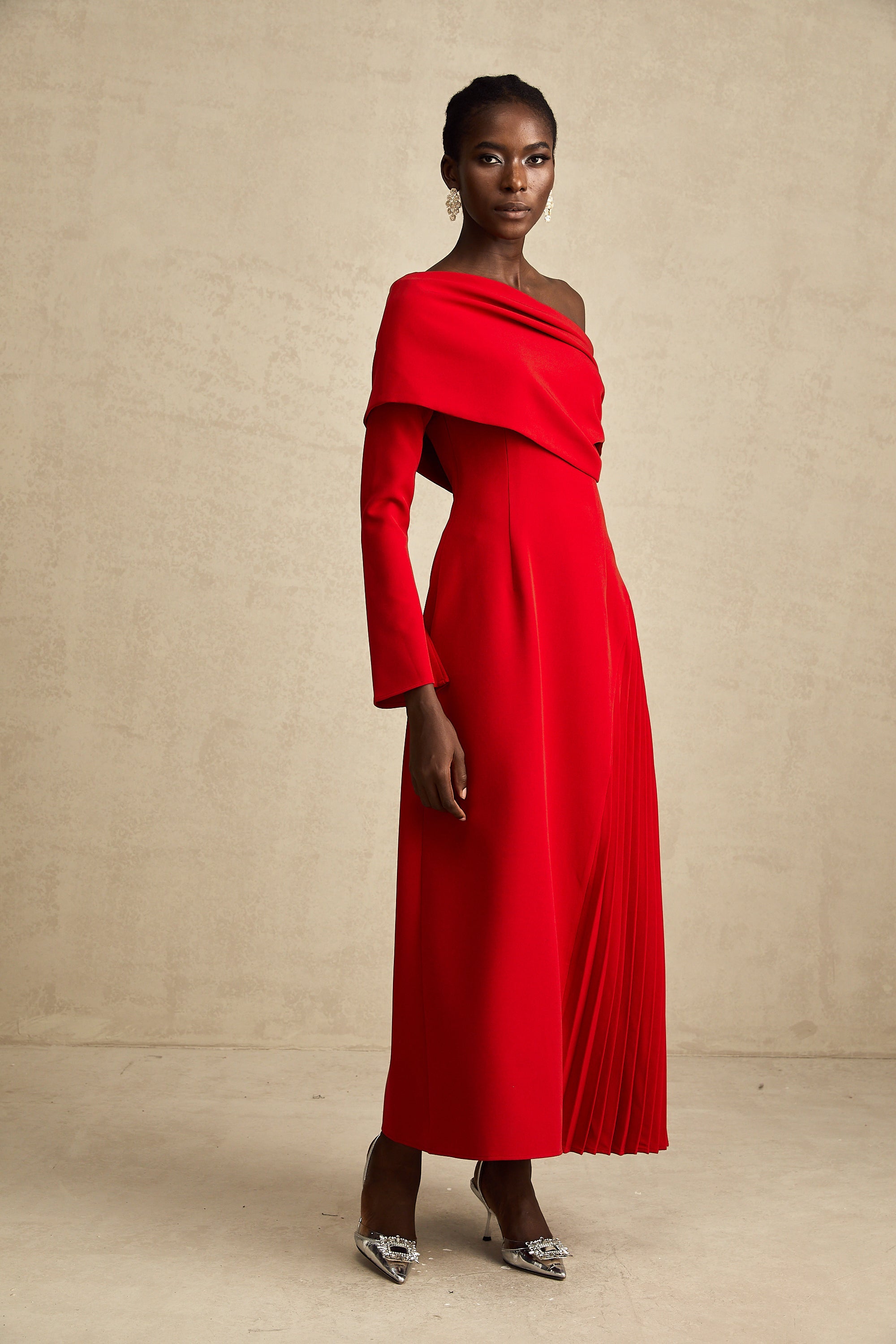 Valentine Red Pleated Maxi Dress with High Slit (Final Sale-US Only)