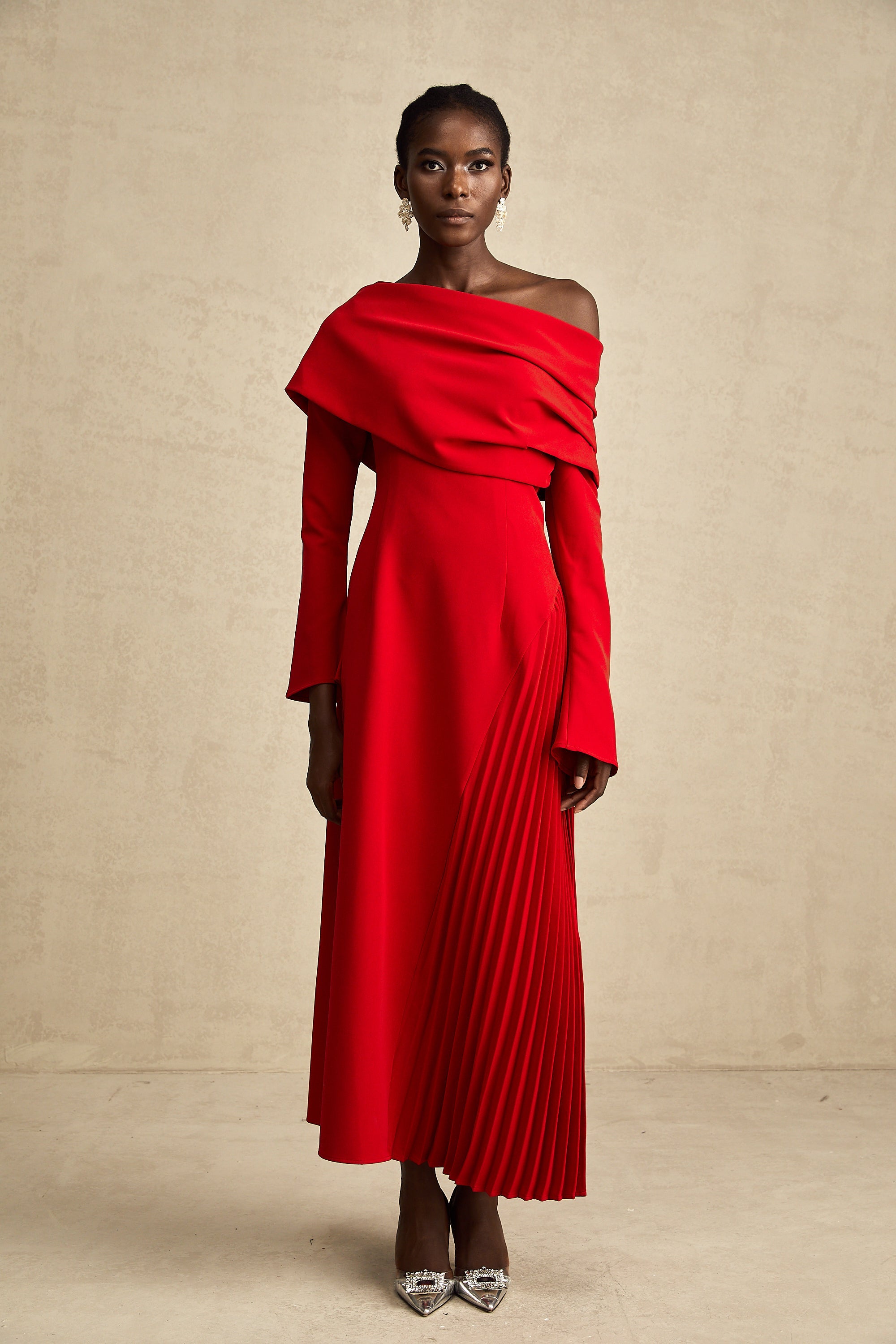 Valentine Red Pleated Maxi Dress with High Slit (Final Sale-US Only)