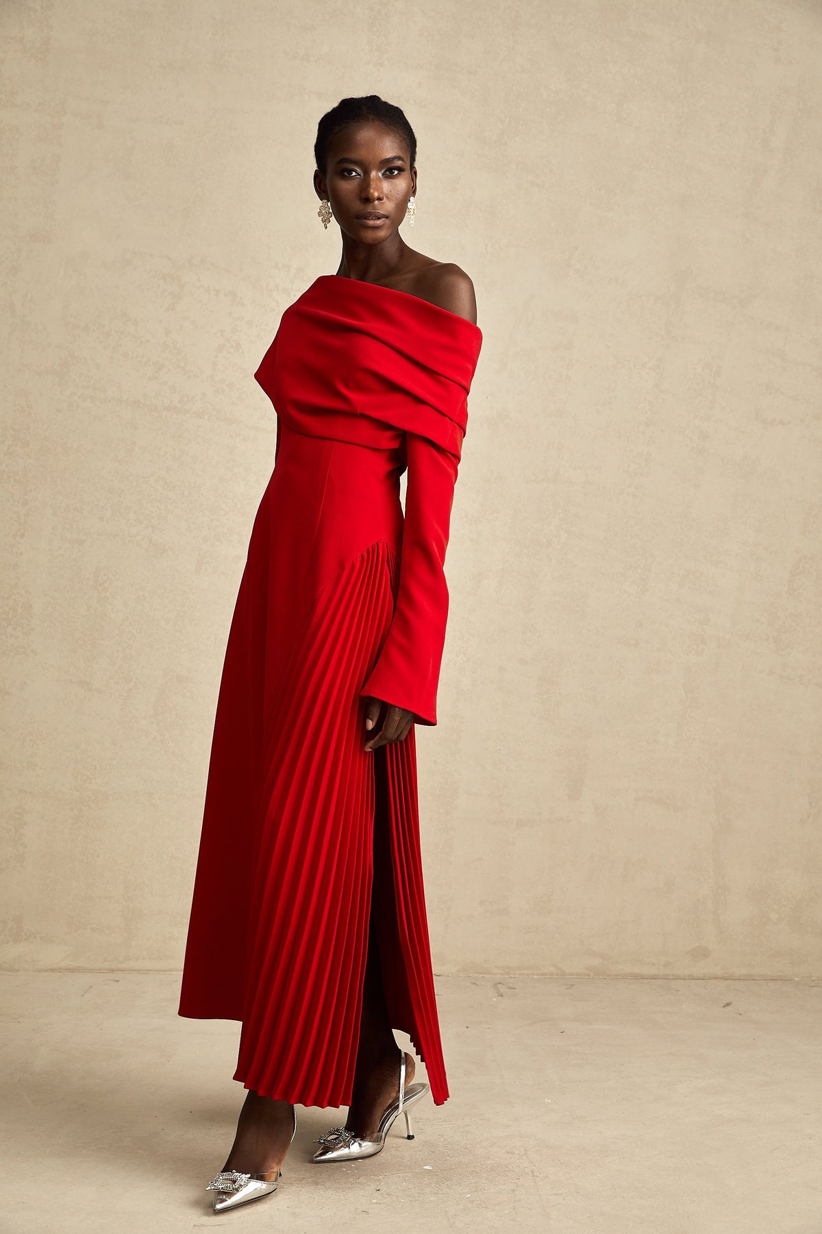 Valentine Red Pleated Maxi Dress with High Slit (Final Sale-US Only)