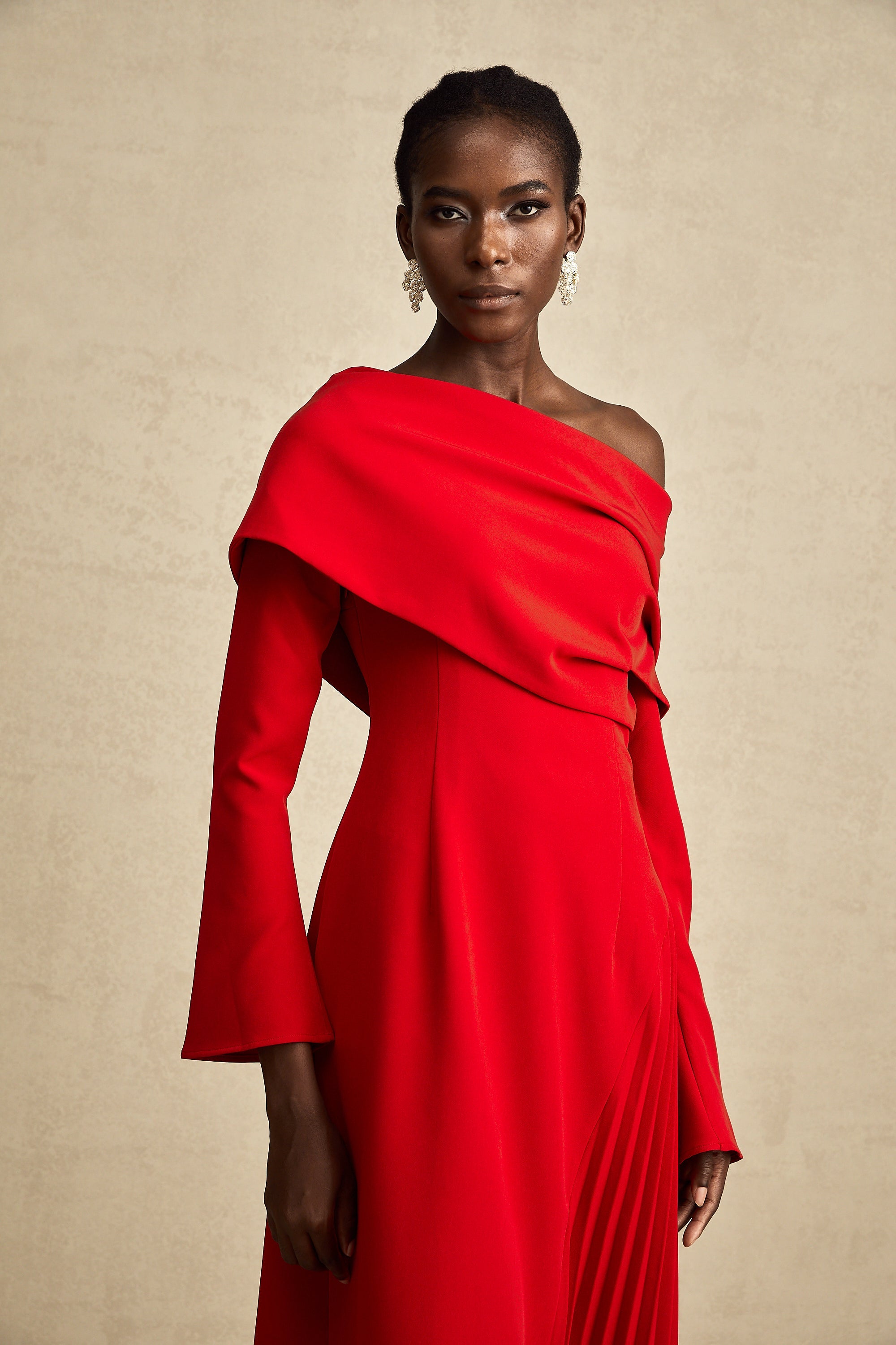 Valentine Red Pleated Maxi Dress with High Slit (Final Sale-US Only)