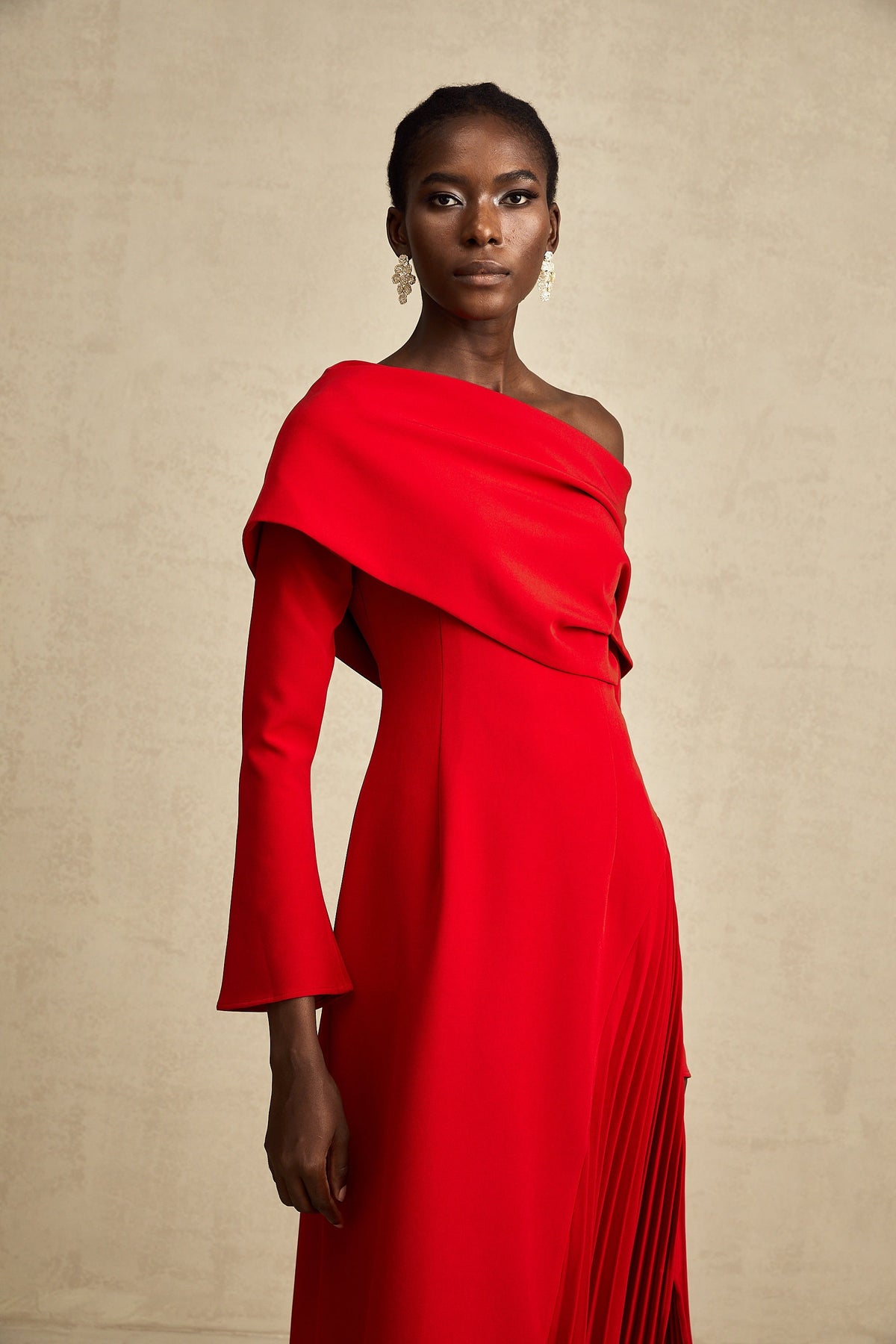 Valentine Red Pleated Maxi Dress with High Slit (Final Sale-US Only)