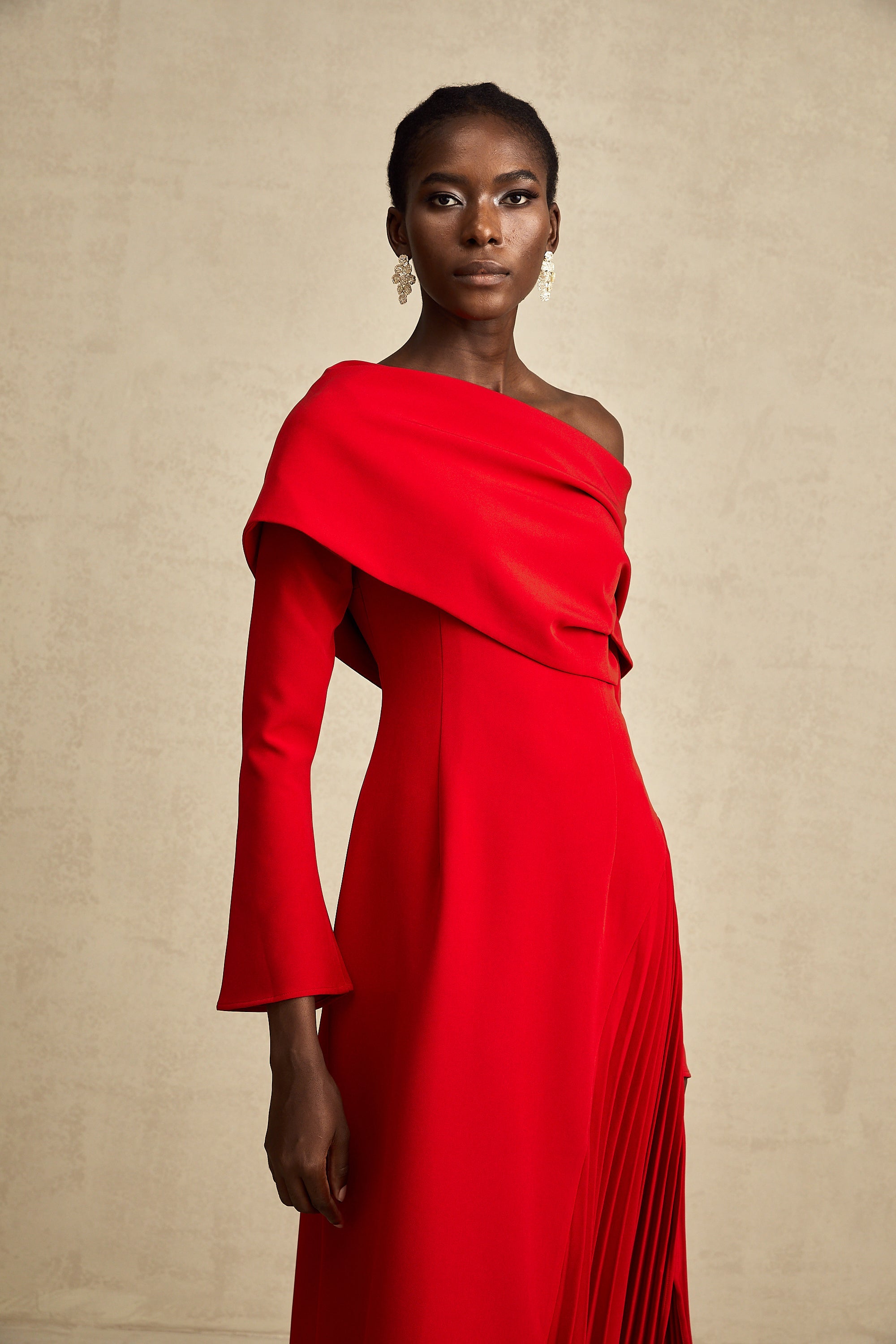 Valentine Red Pleated Maxi Dress with High Slit (US Only)