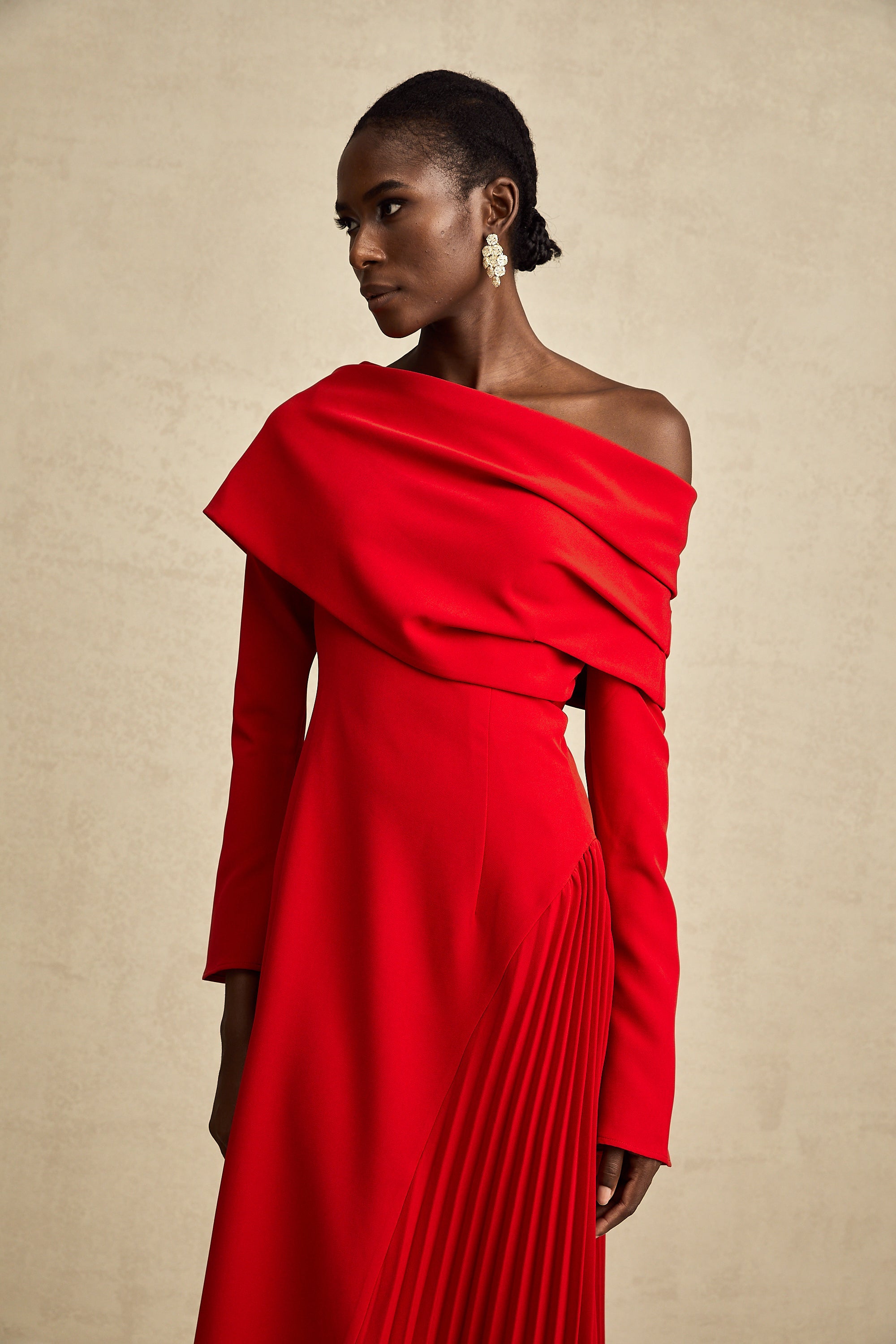Valentine Red Pleated Maxi Dress with High Slit (Final Sale-US Only)