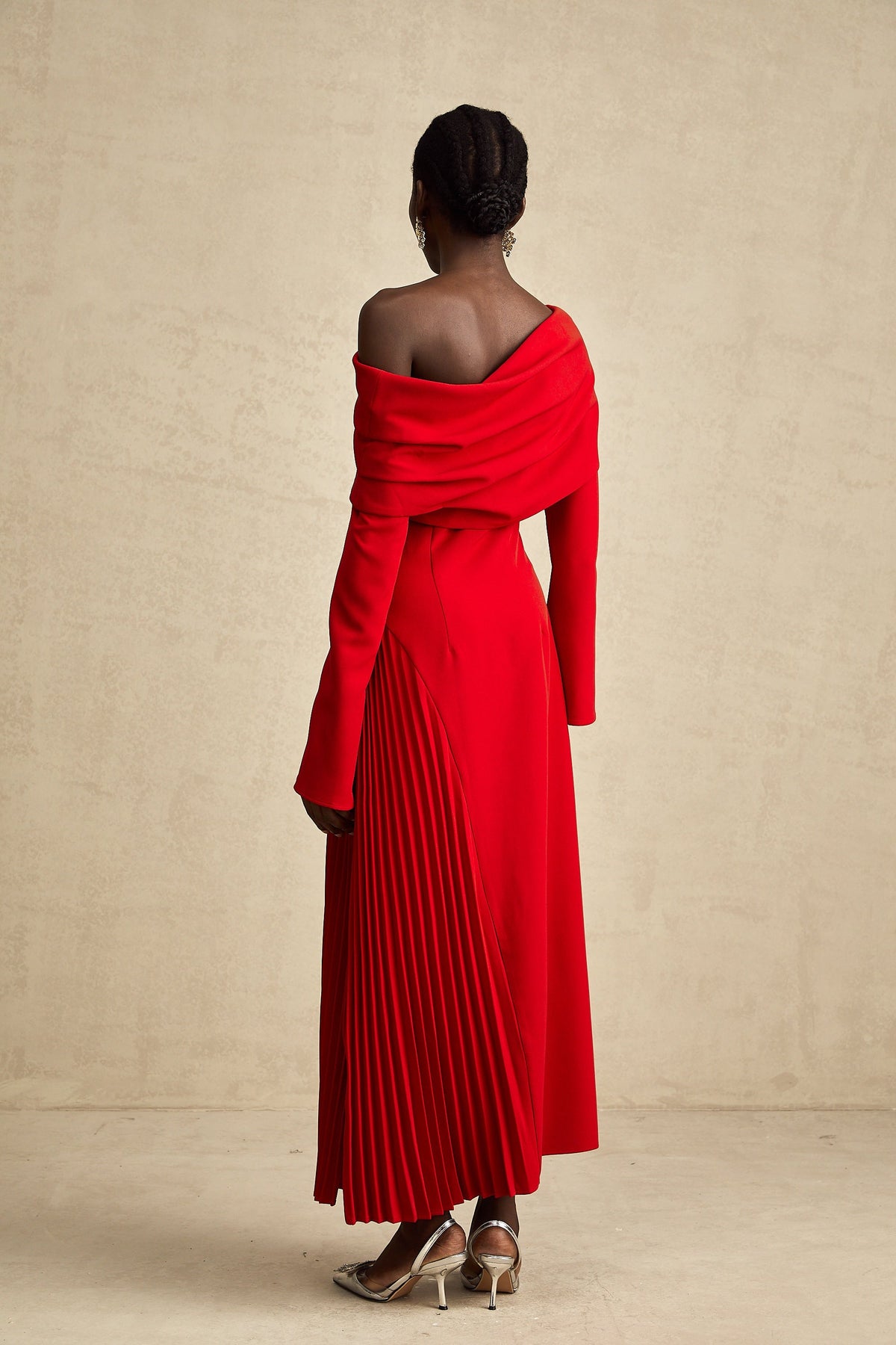 Valentine Red Pleated Maxi Dress with High Slit (Final Sale-US Only)