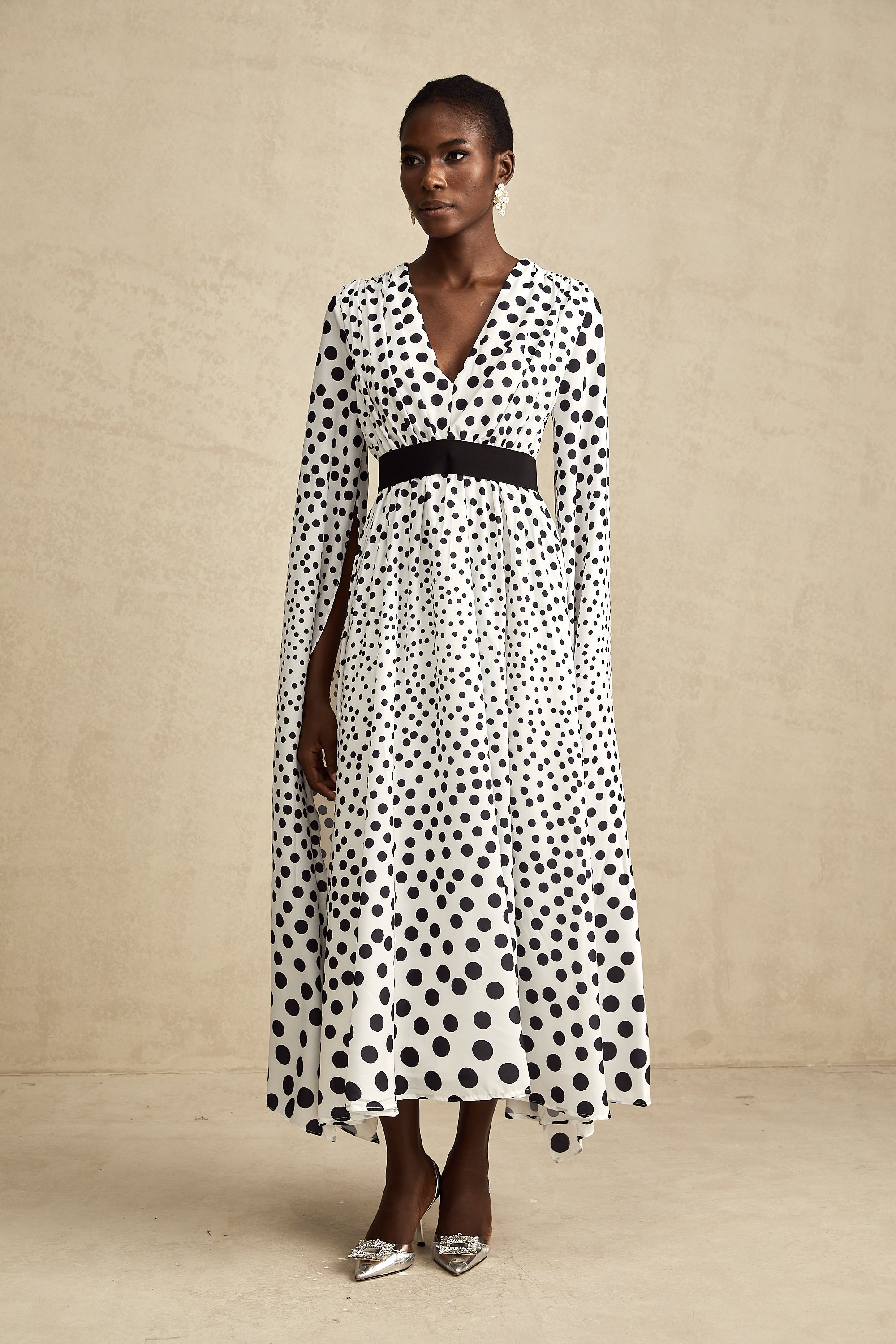 Brigitte white polka-dot slit-sleeve midi dress (US Only)