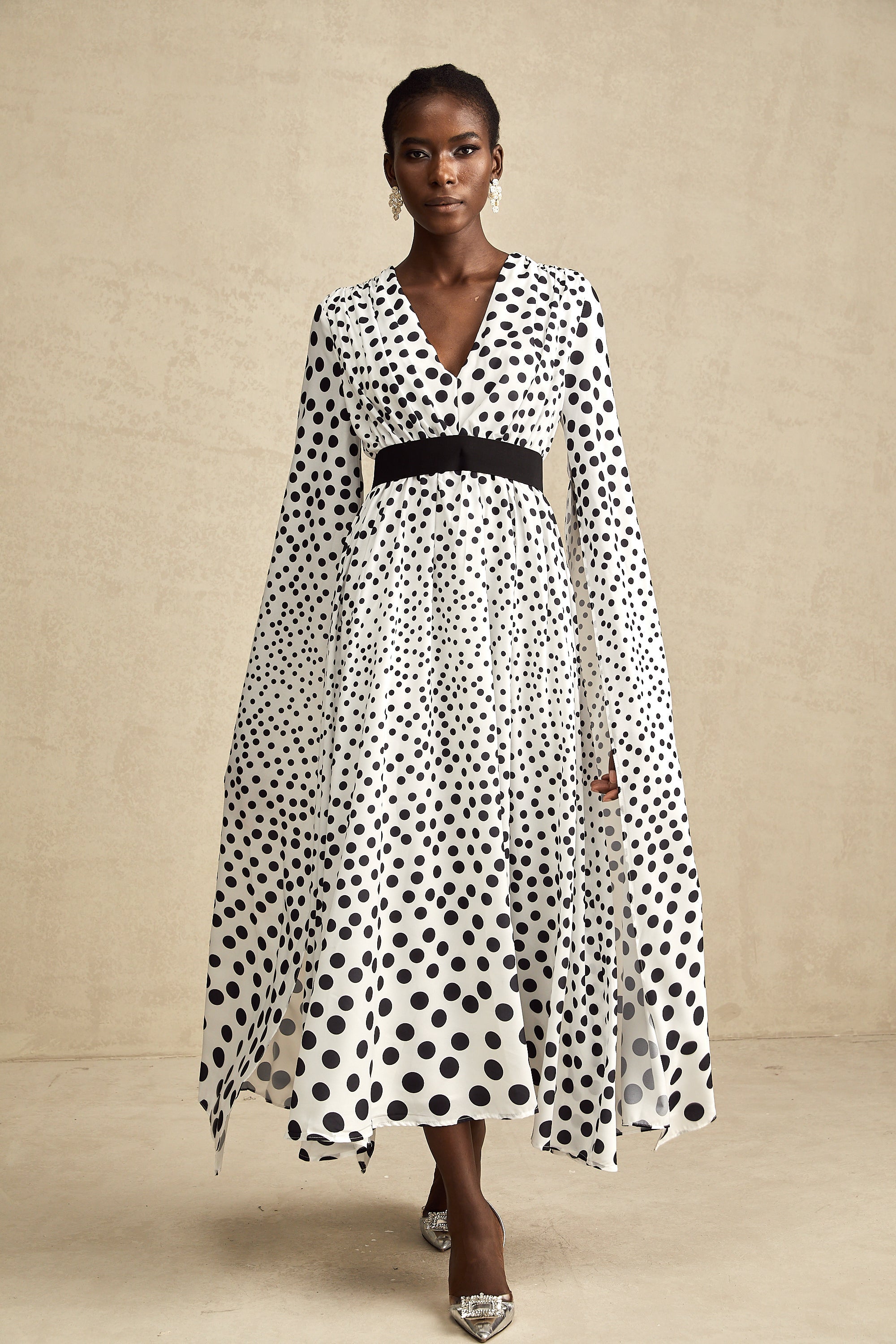 Brigitte white polka-dot slit-sleeve midi dress (US Only)
