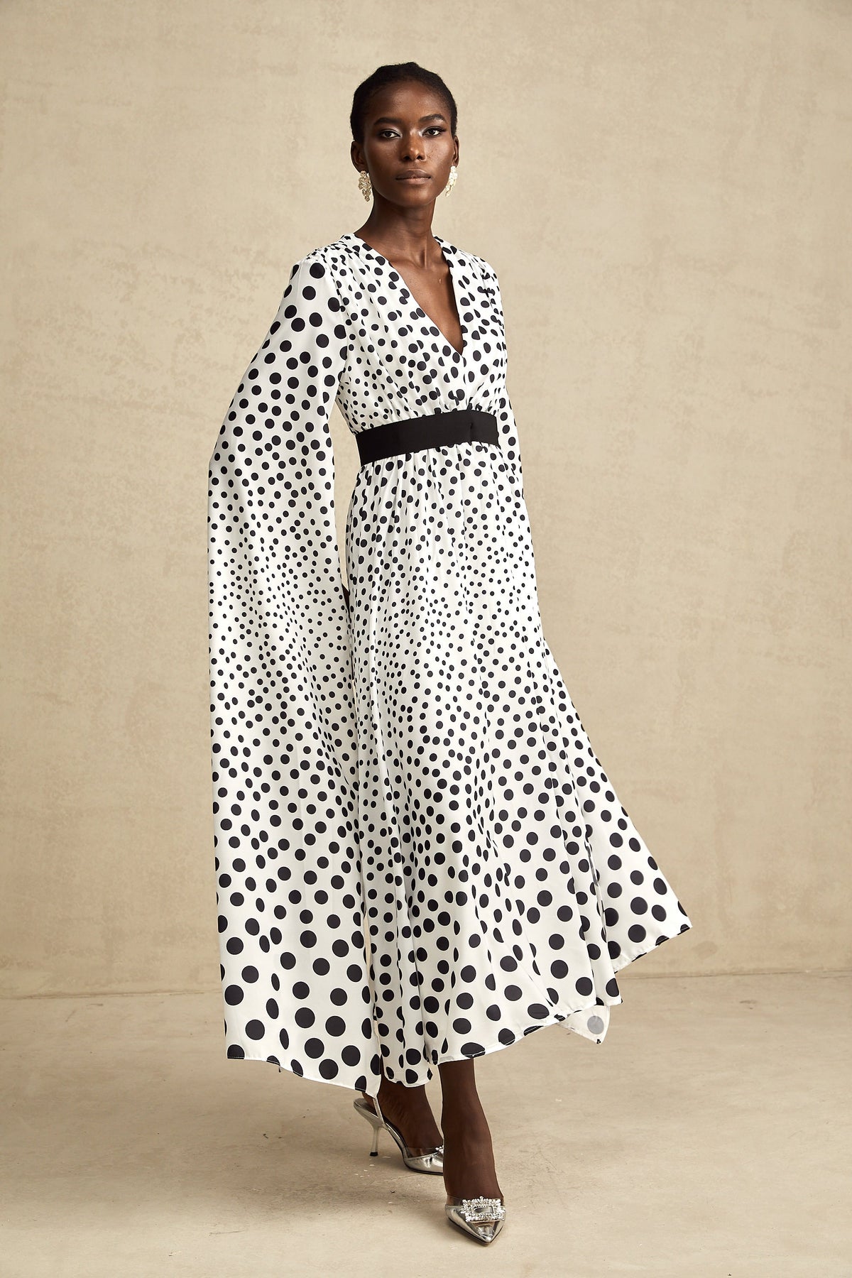 Brigitte white polka-dot slit-sleeve midi dress