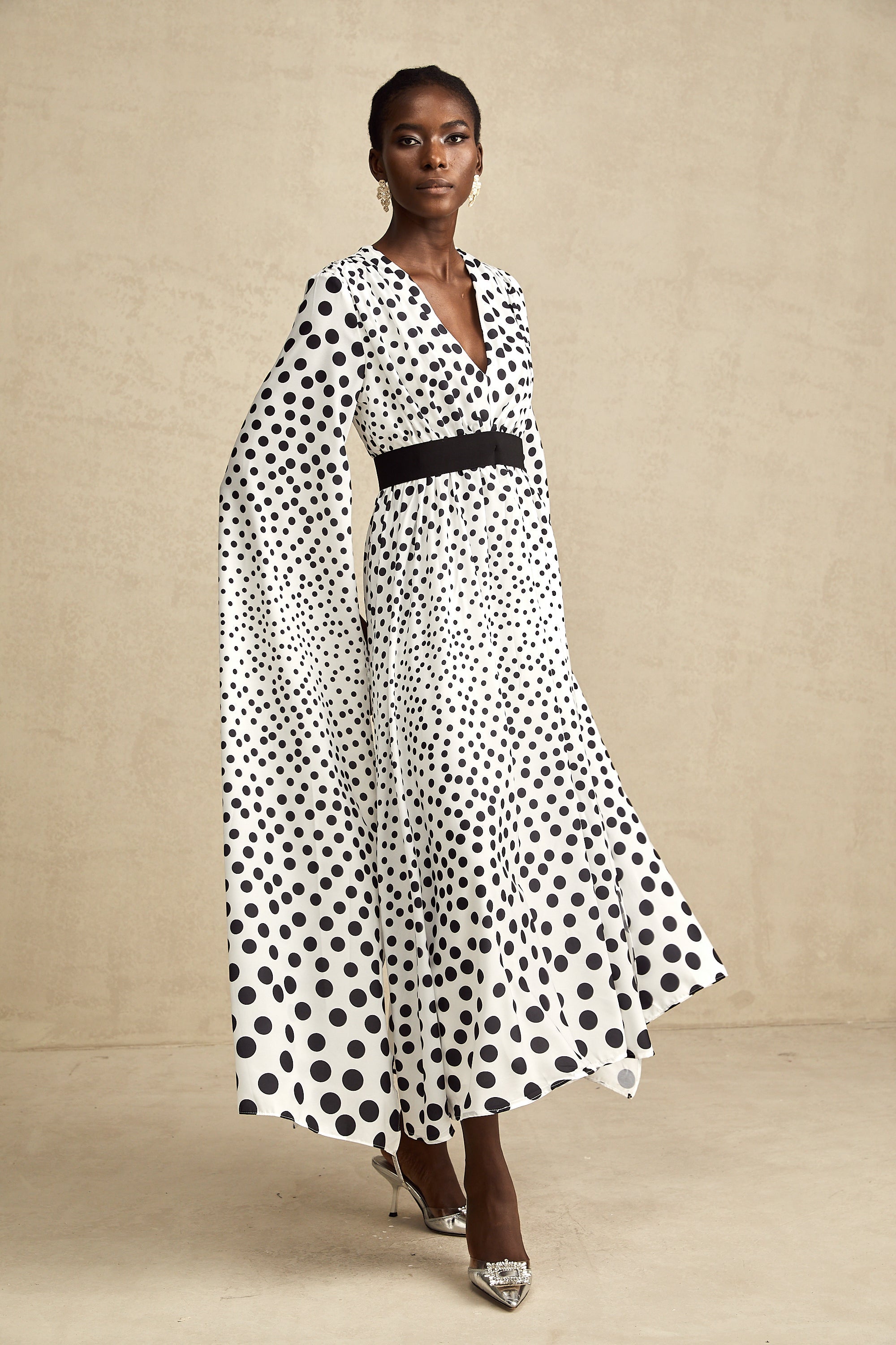 Brigitte white polka-dot slit-sleeve midi dress (US Only)
