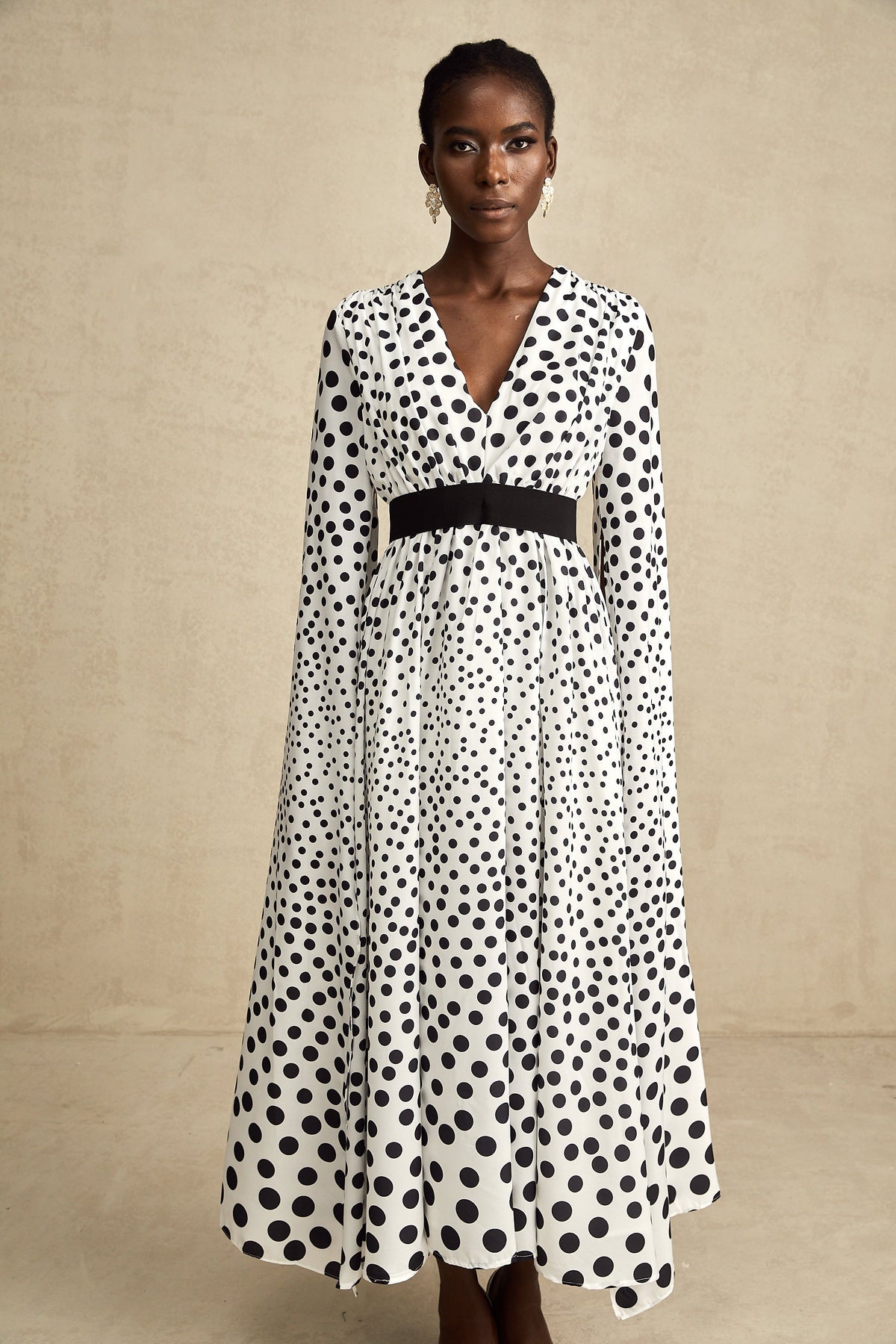 Brigitte white polka-dot slit-sleeve midi dress